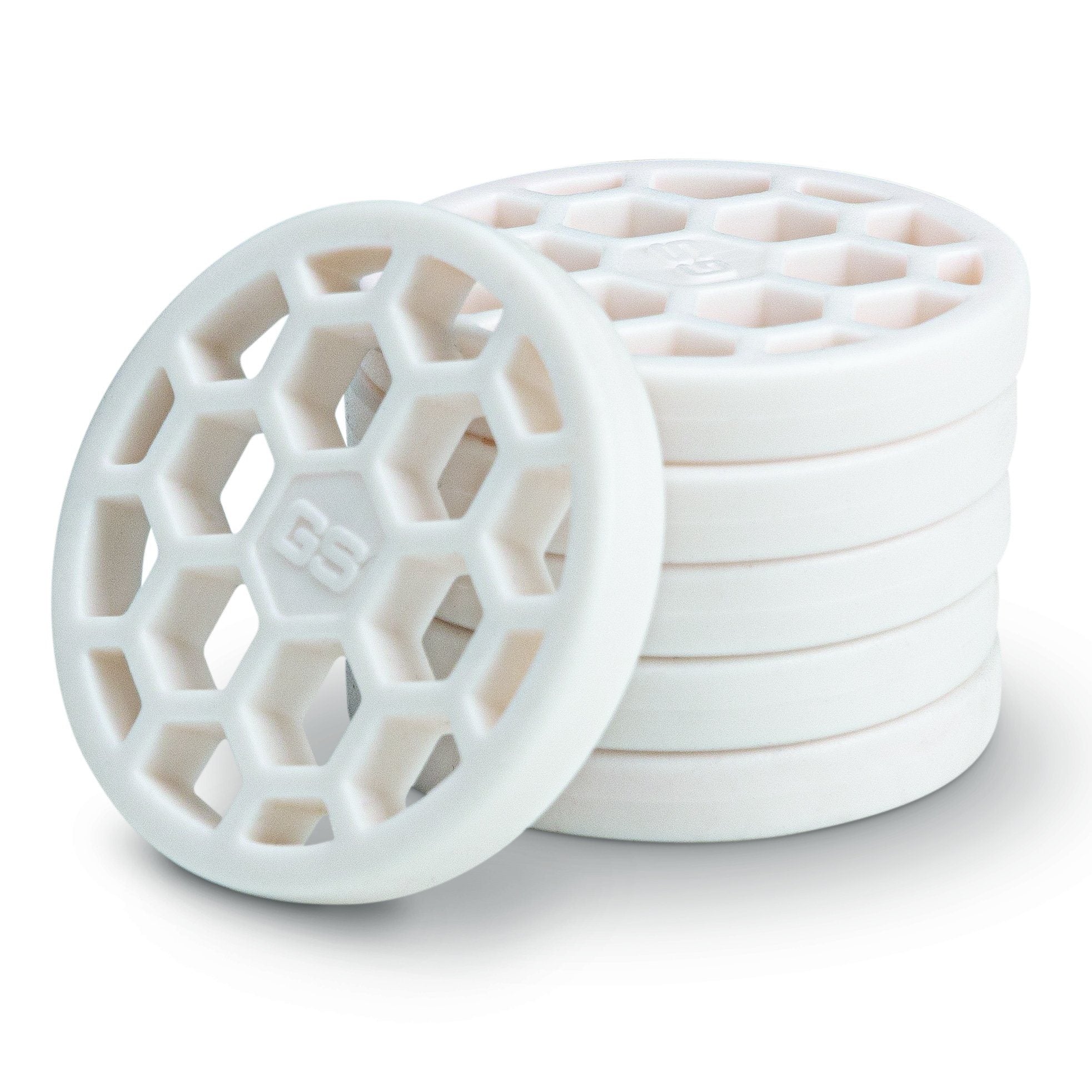 a stack of white foam wheels
