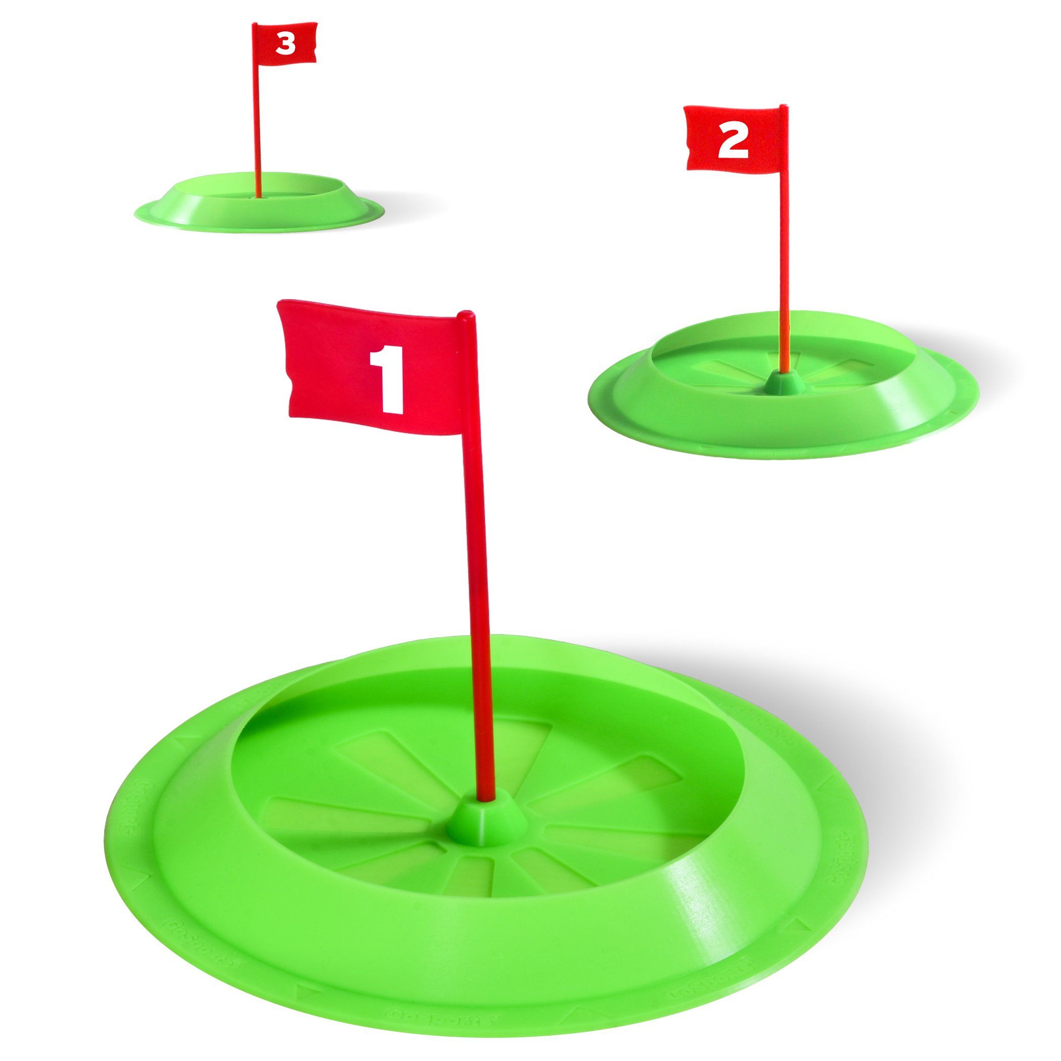 a green golf cup with two red flags