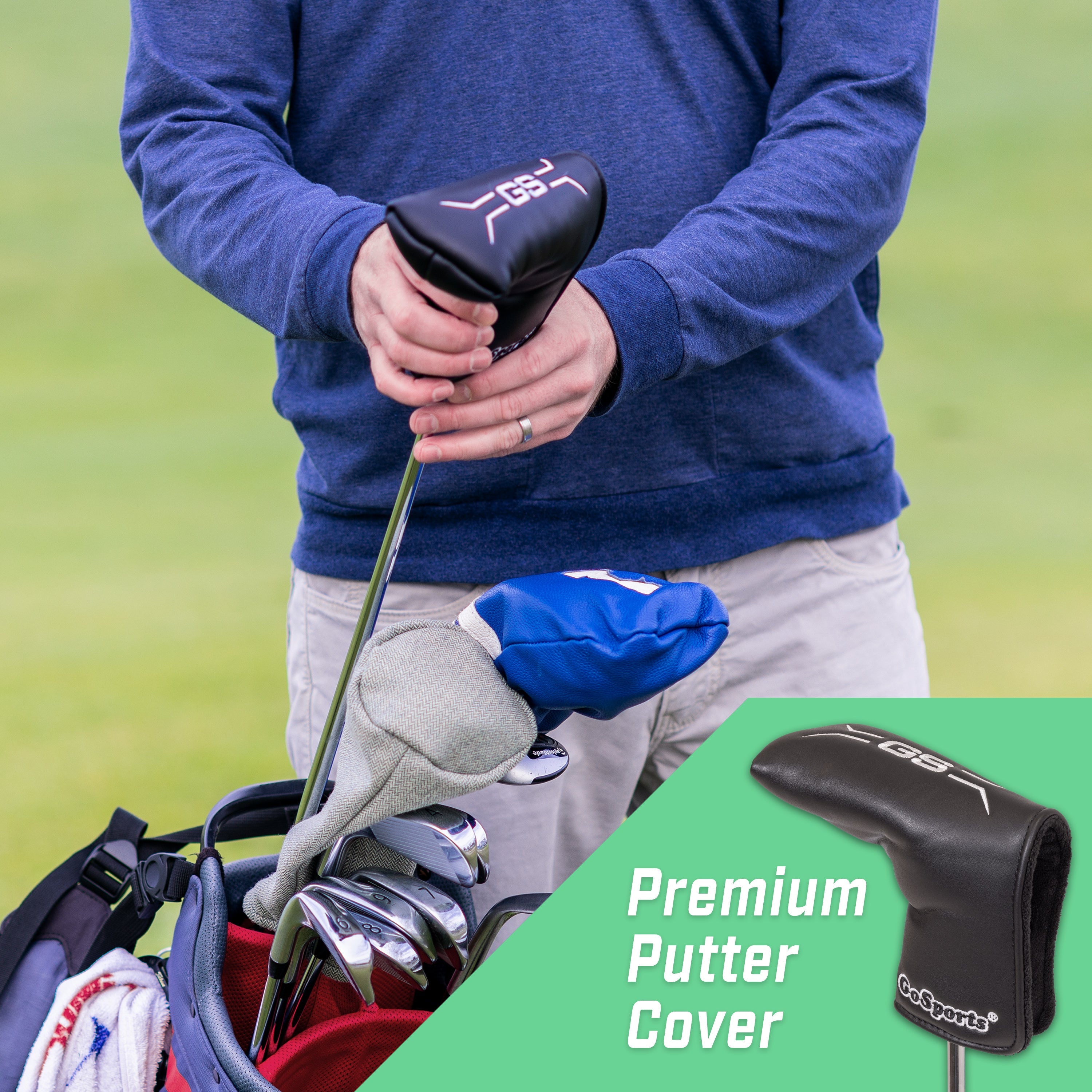 a man holding a golf club and a bag