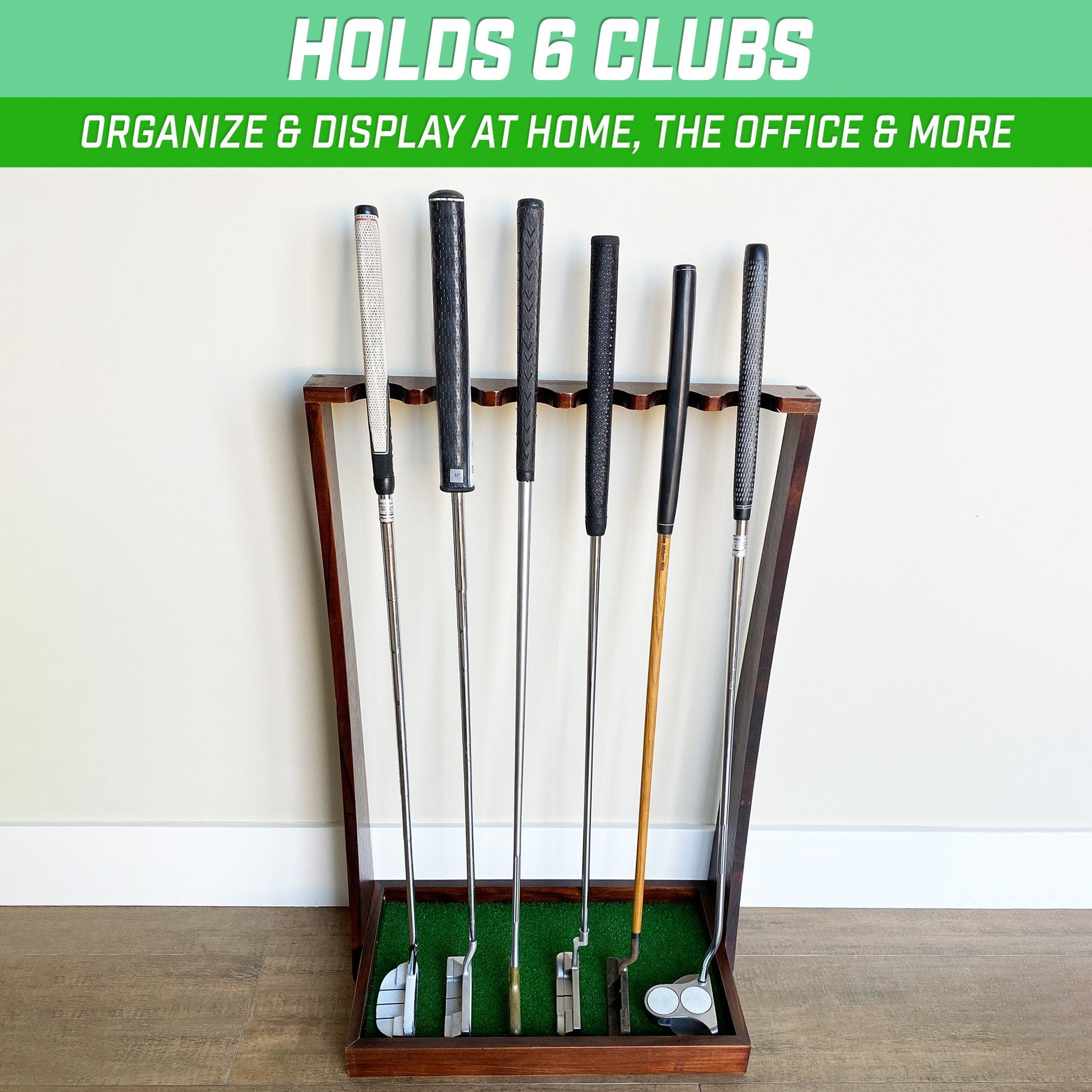 a wooden golf club stand with four clubs and a green ball