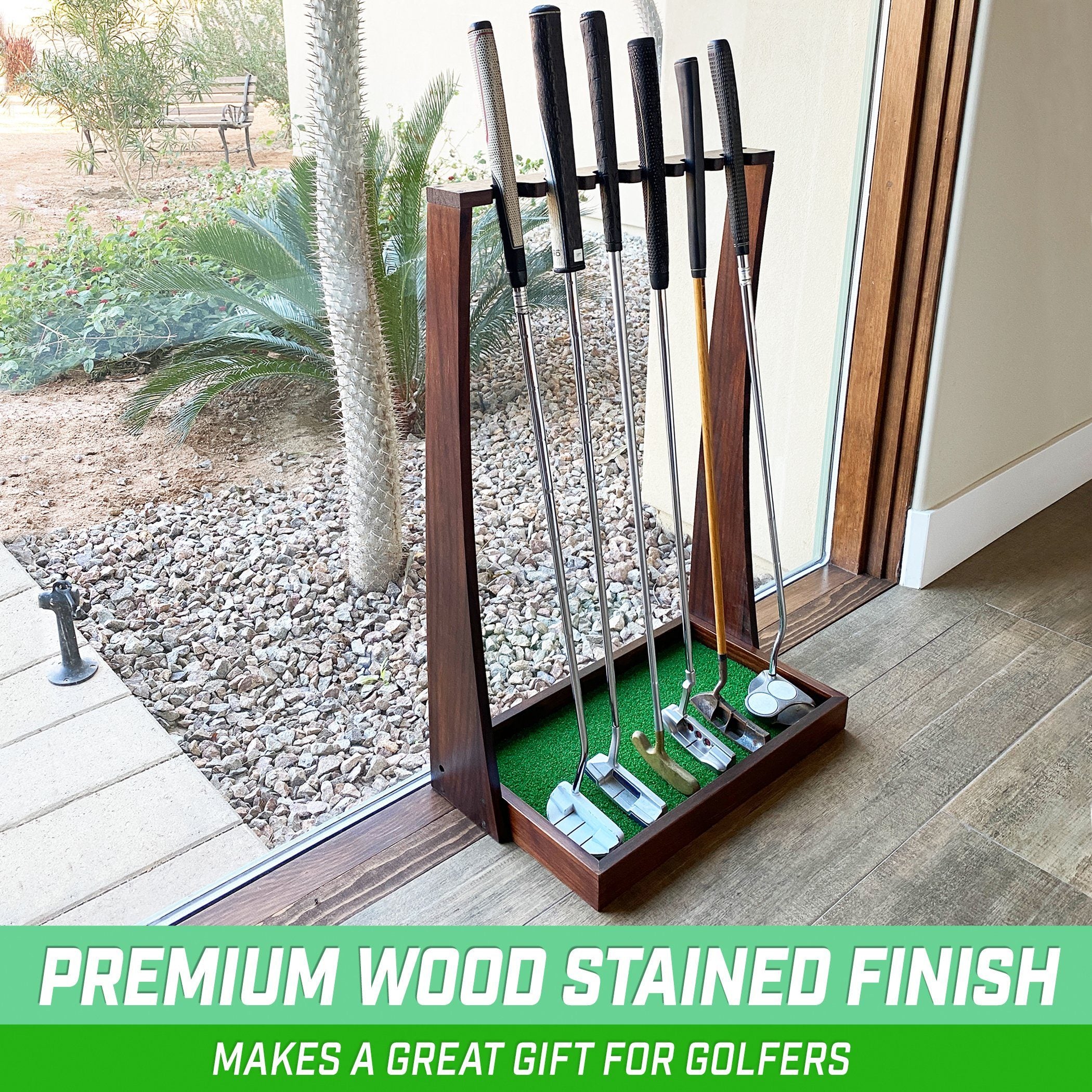 a wooden stand with golf clubs and a green bag