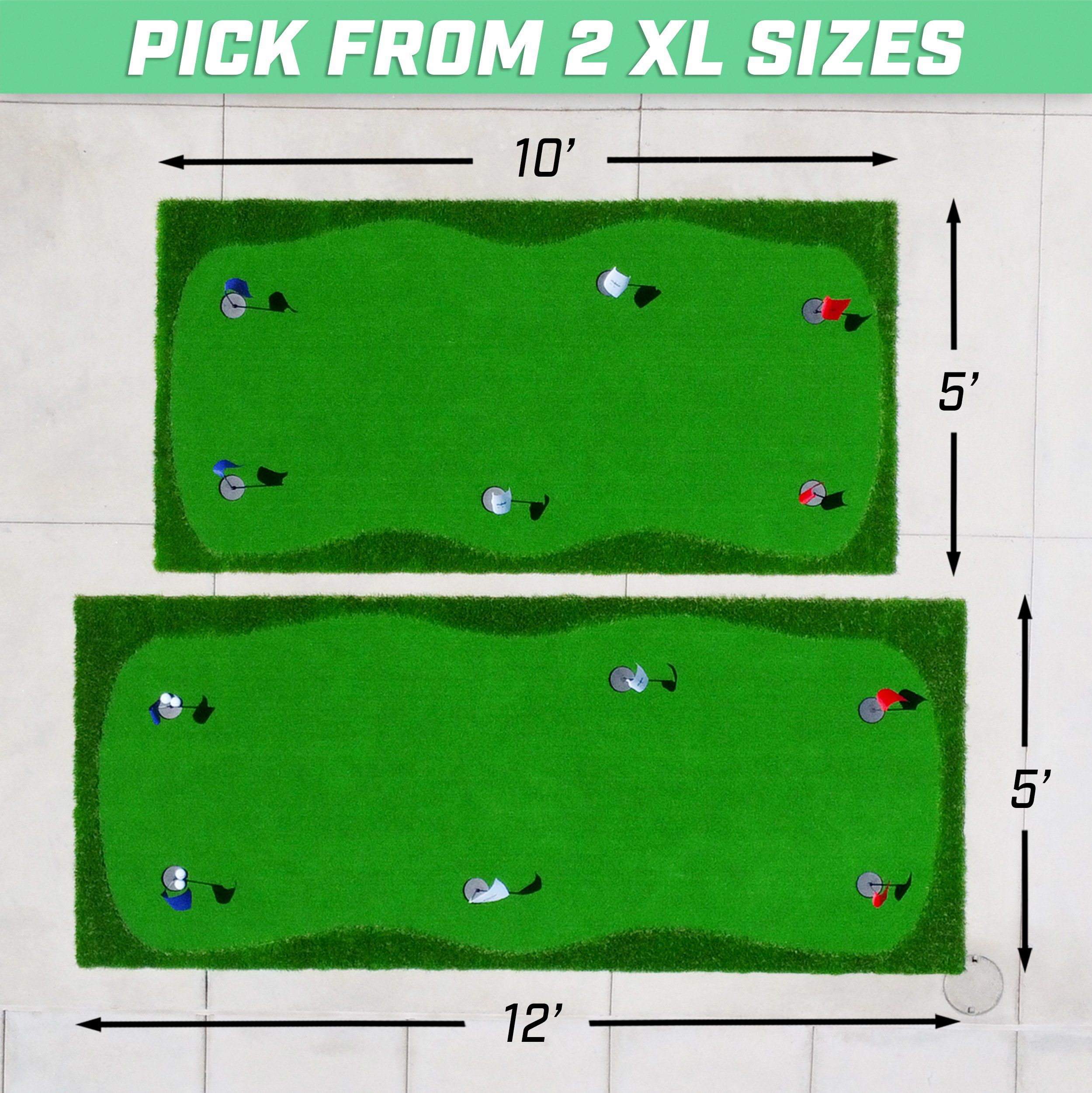 a green golf mat with two holes and two balls