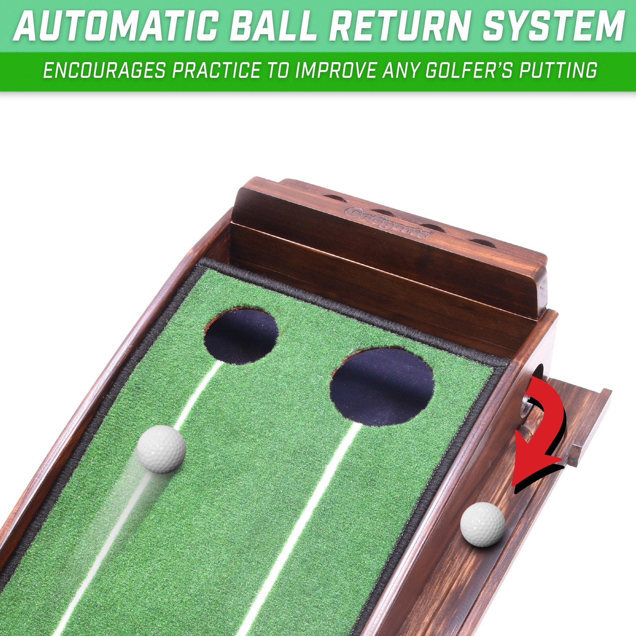 a wooden golf putting mat with a ball and a hole