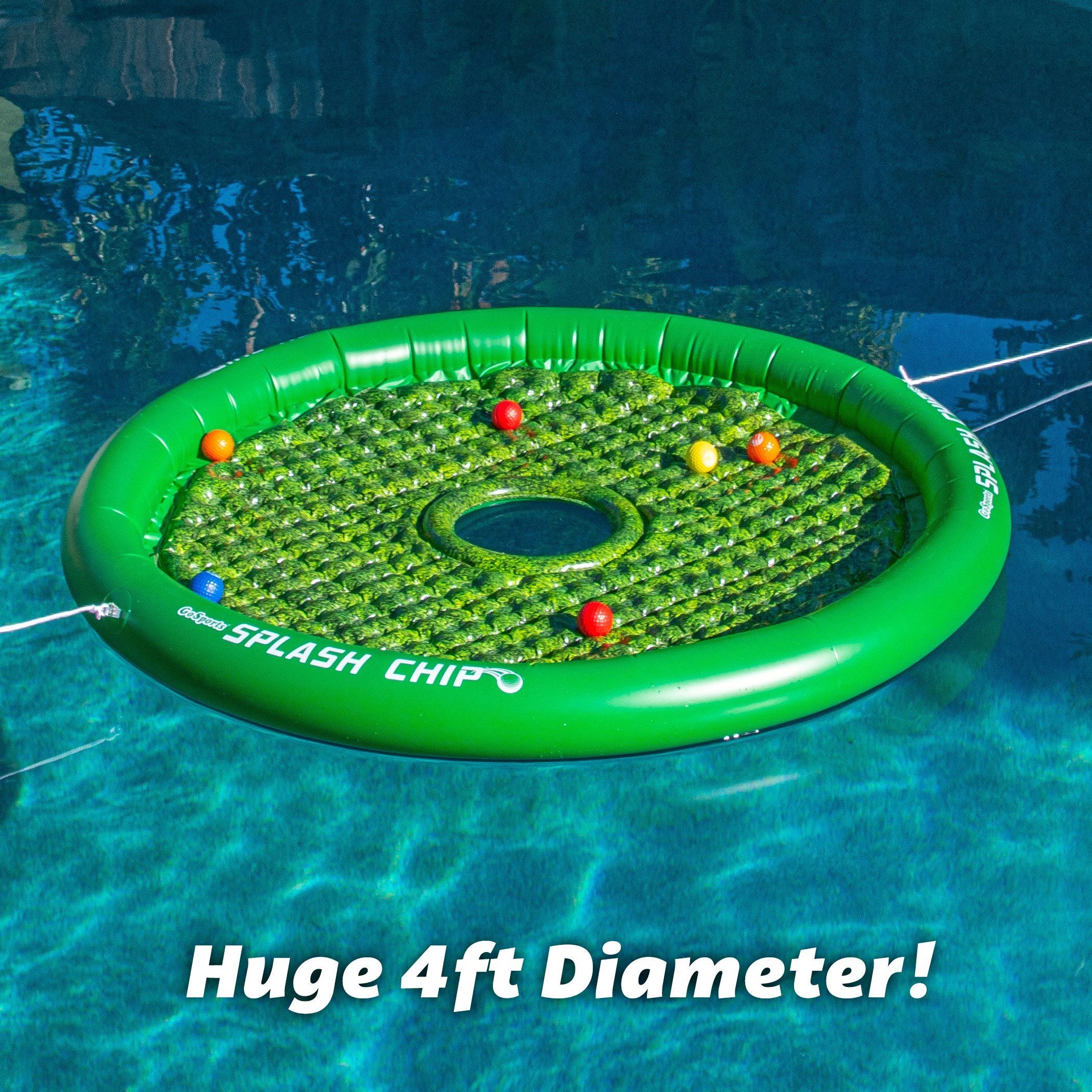 a green inflatable floating pool with a large green inflatable floating pool