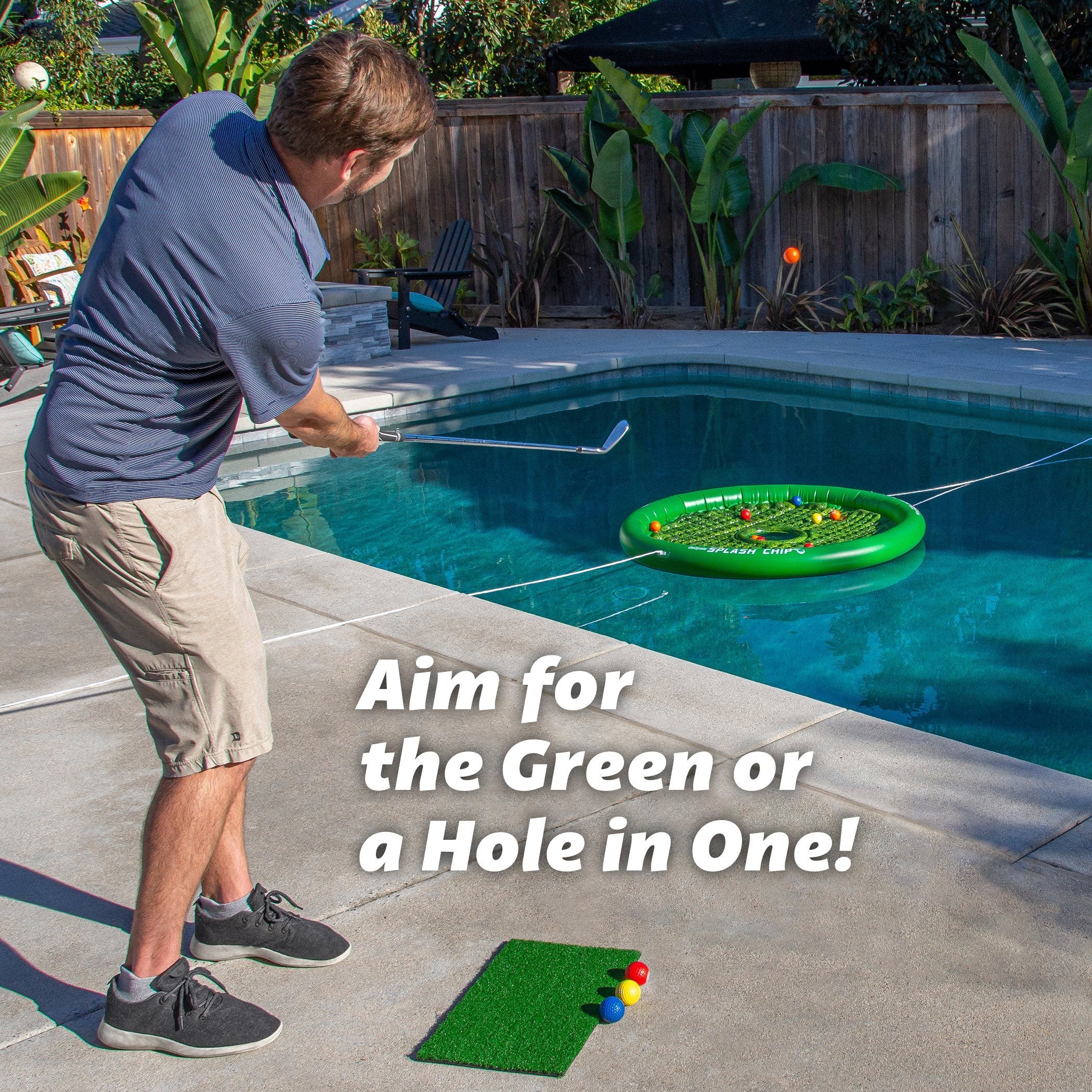 a man is playing golf in a pool