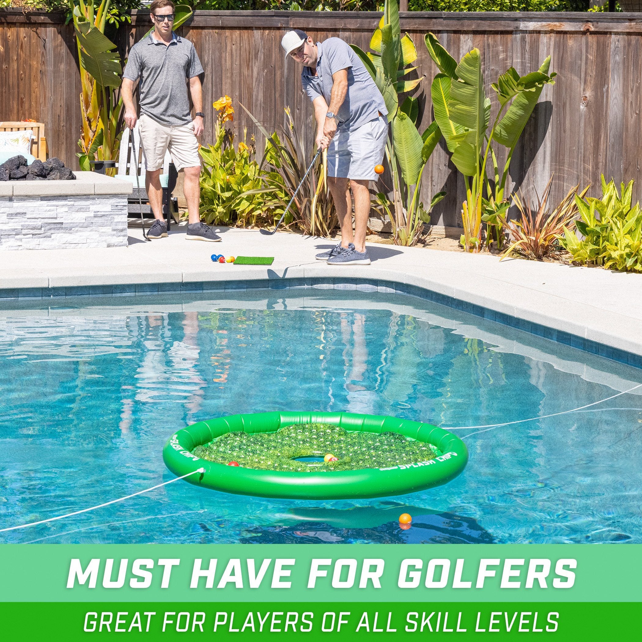 a pool with a green inflatable floating pool