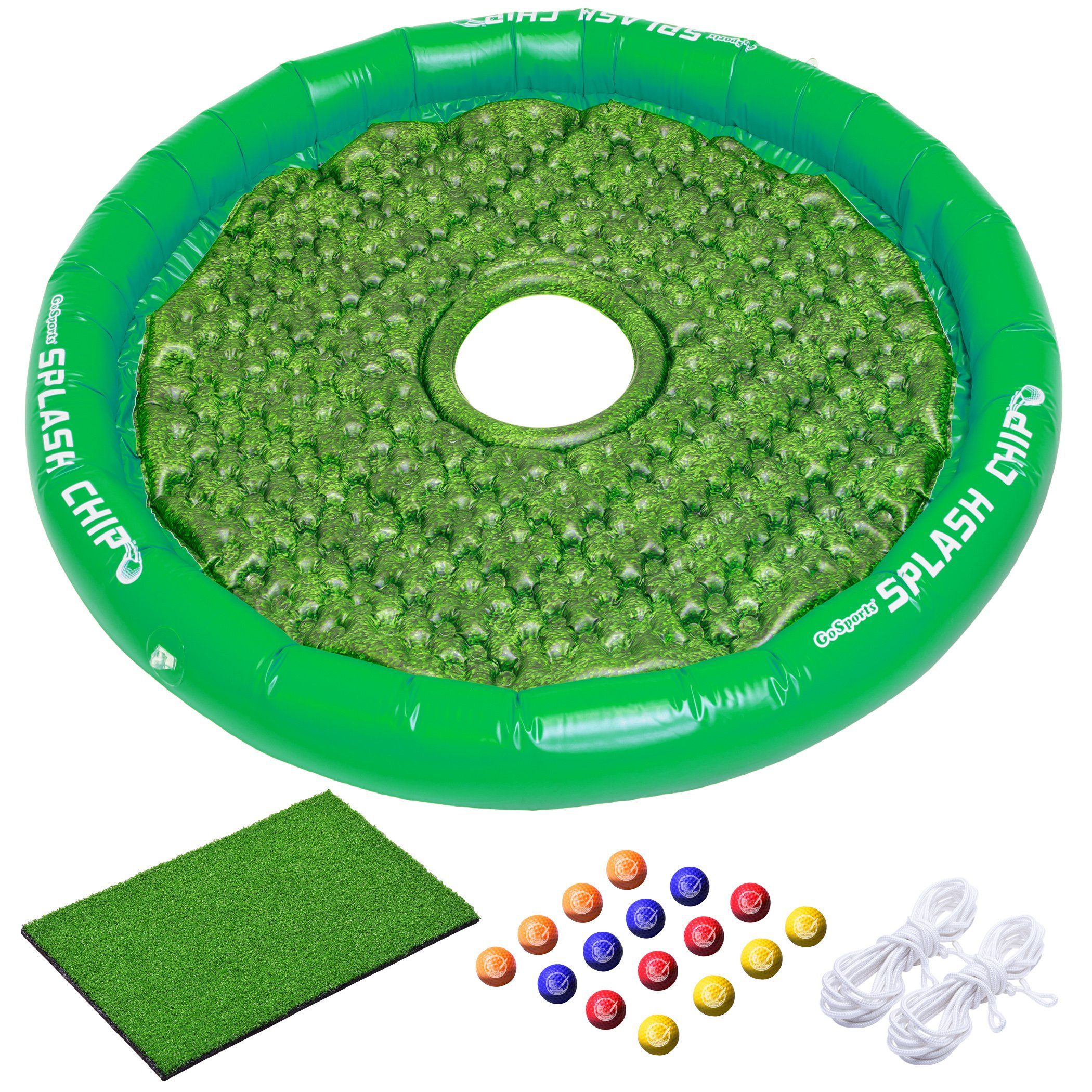 a green pool with balls and a green pool mat