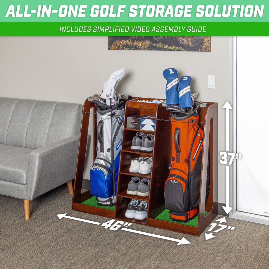 GoSports Premium Wooden Golf Bag Organizer and Storage Rack - Brown –