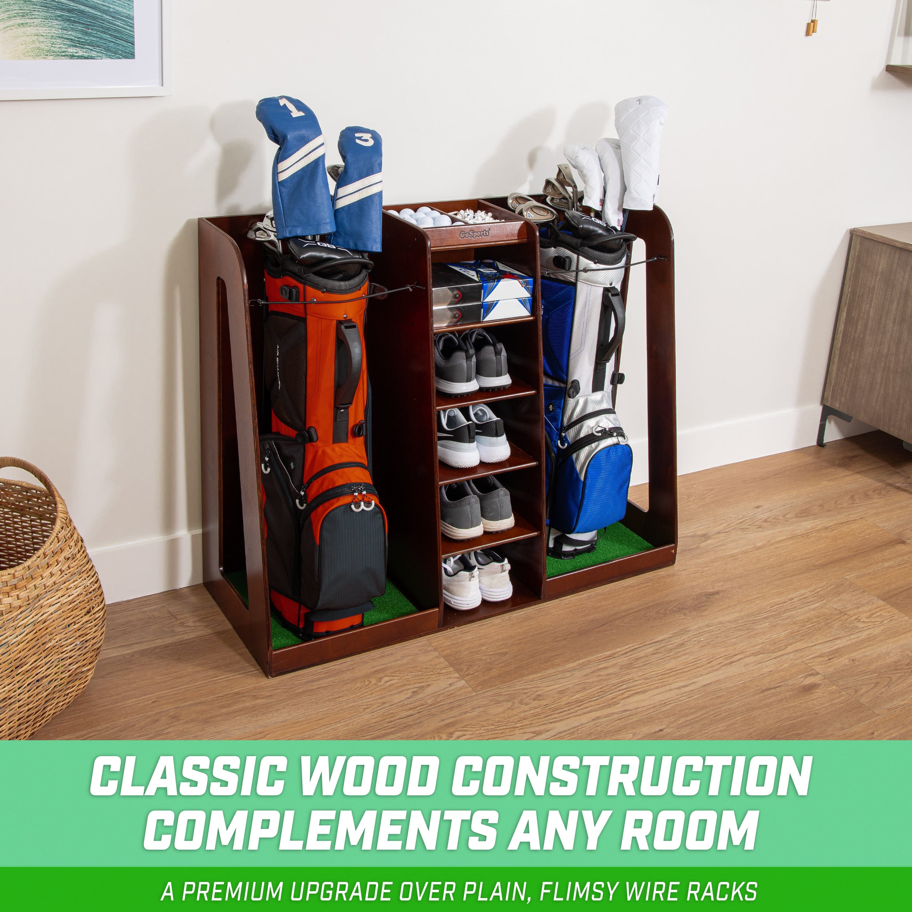 a wooden cabinet with a rack of golf equipment