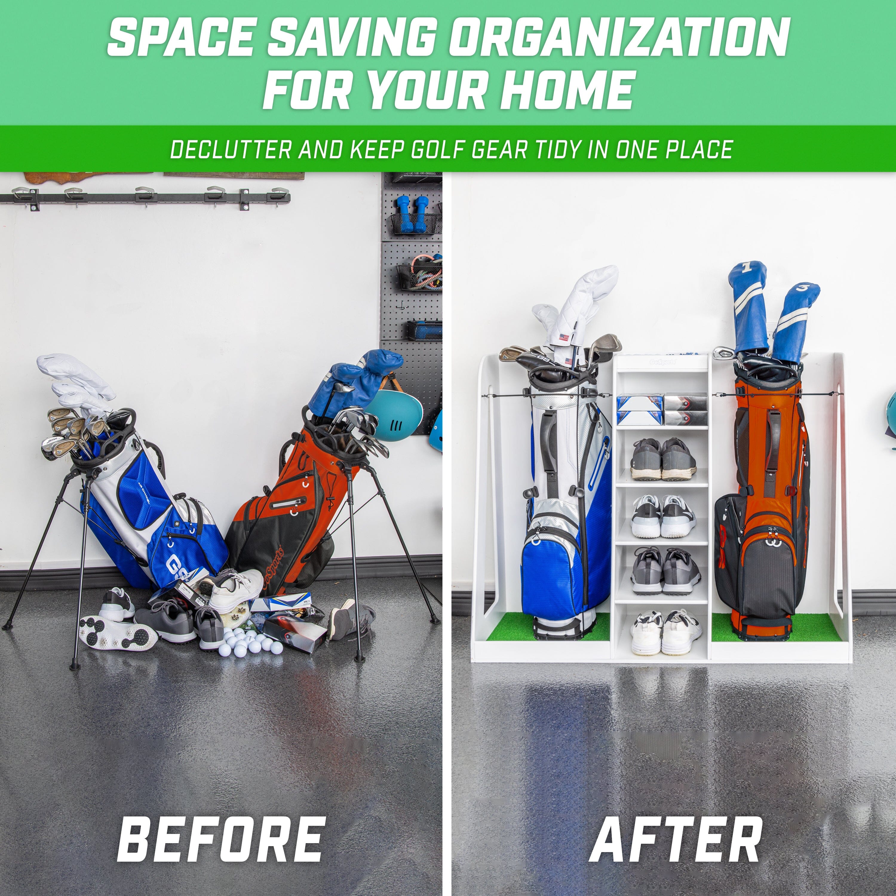 a golf bag and a bag of golf clubs