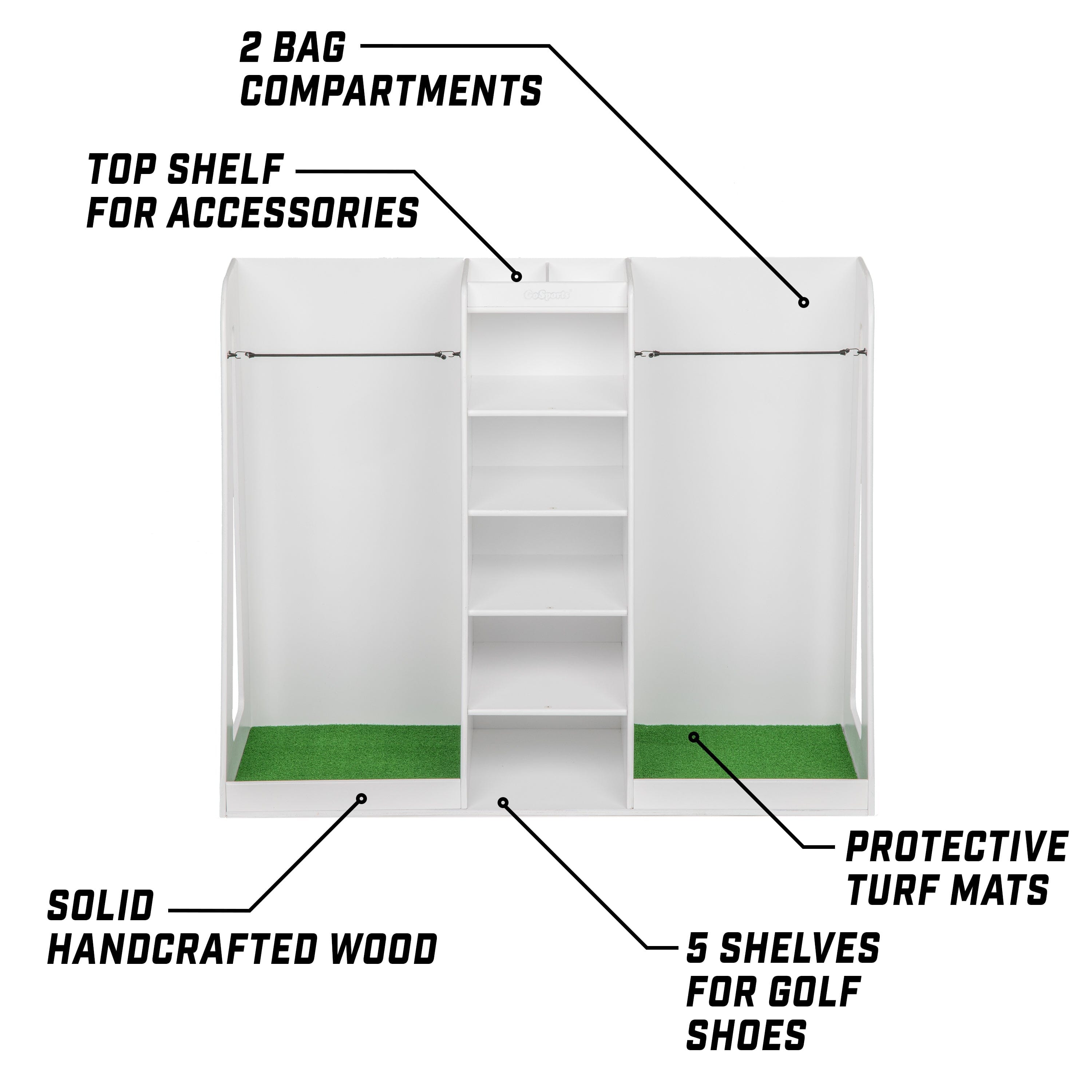 a white cabinet with a green floor and two shelves