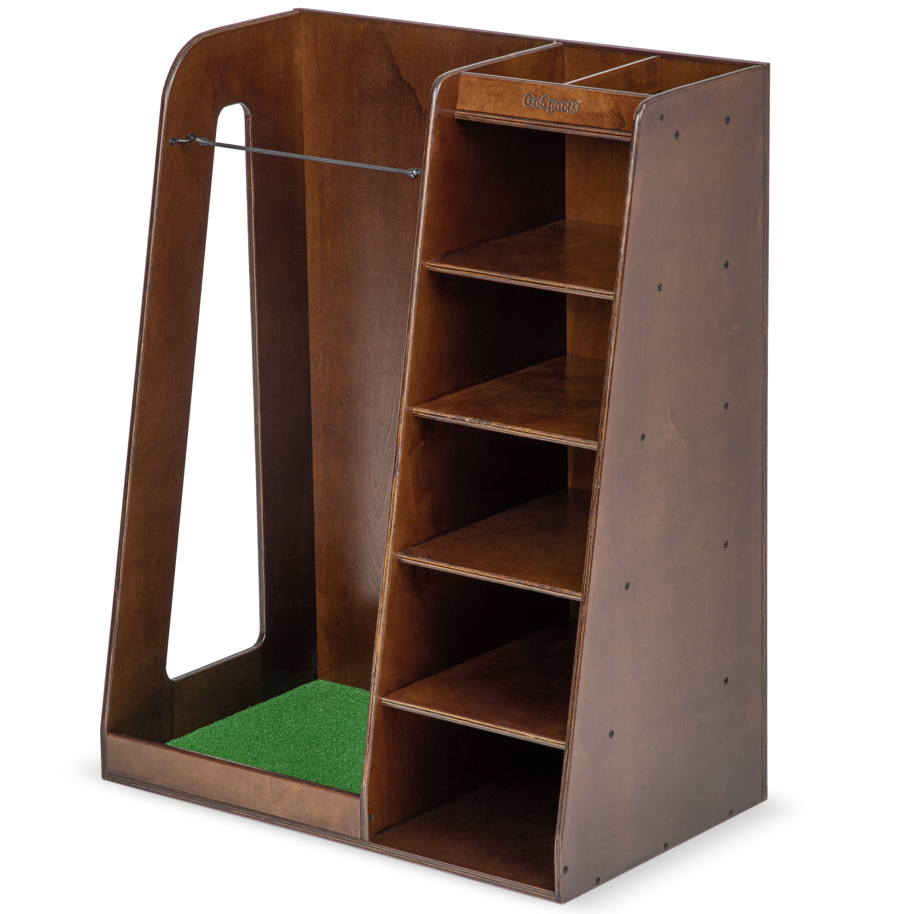 a wooden bookcase with a green carpet
