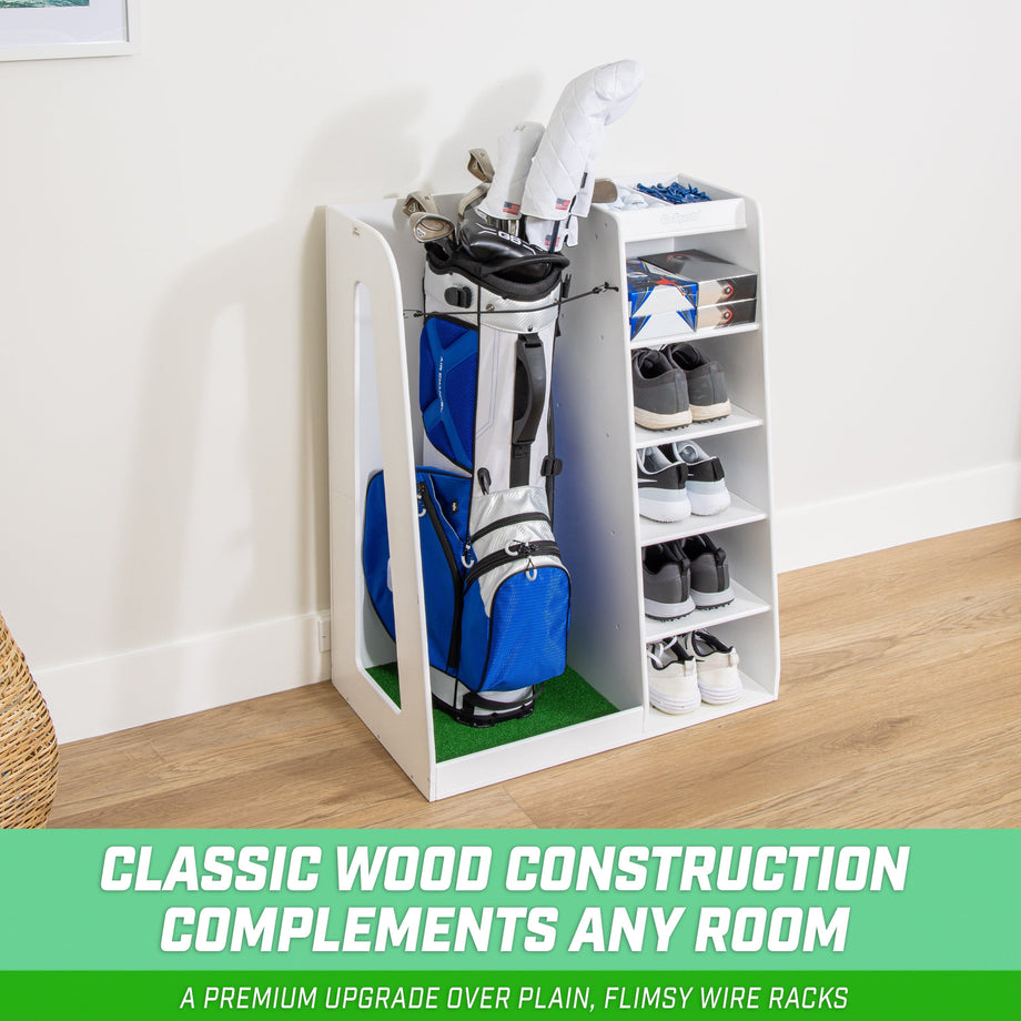 GoSports Premium Wooden Golf Bag Organizer and Storage Rack