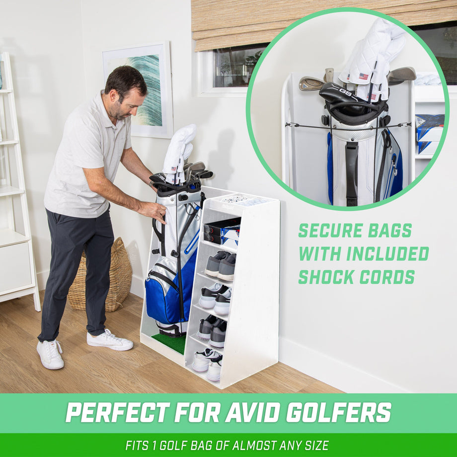 GoSports Premium Wooden Golf Bag Organizer and Storage Rack - White –