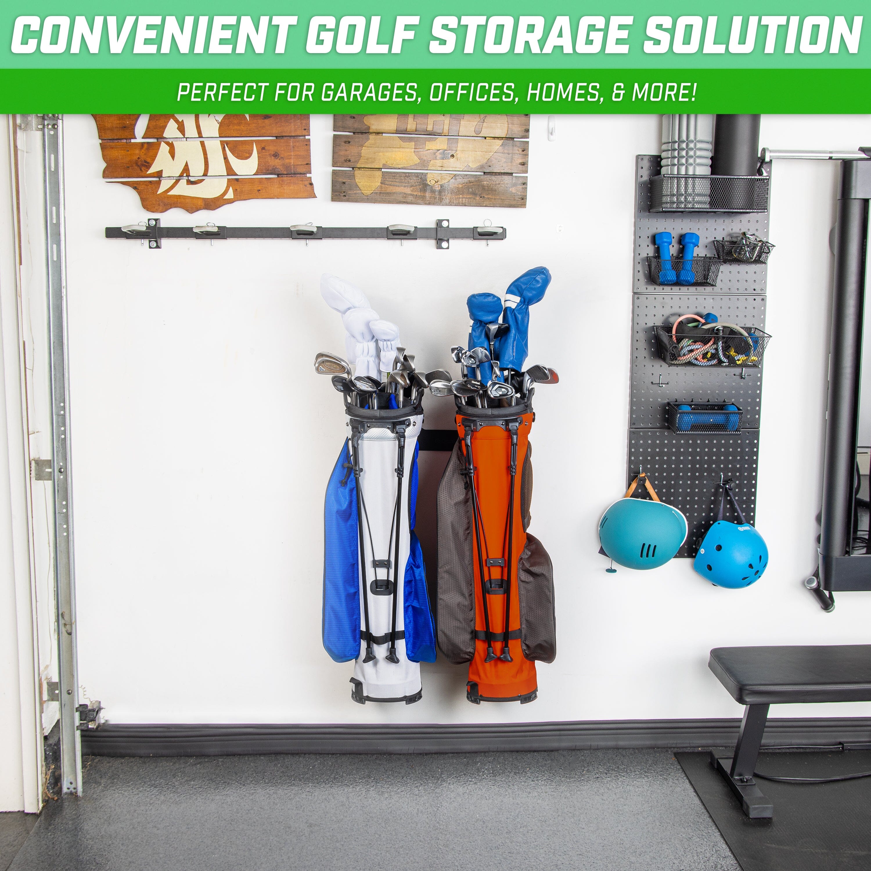a garage with a rack of golf equipment