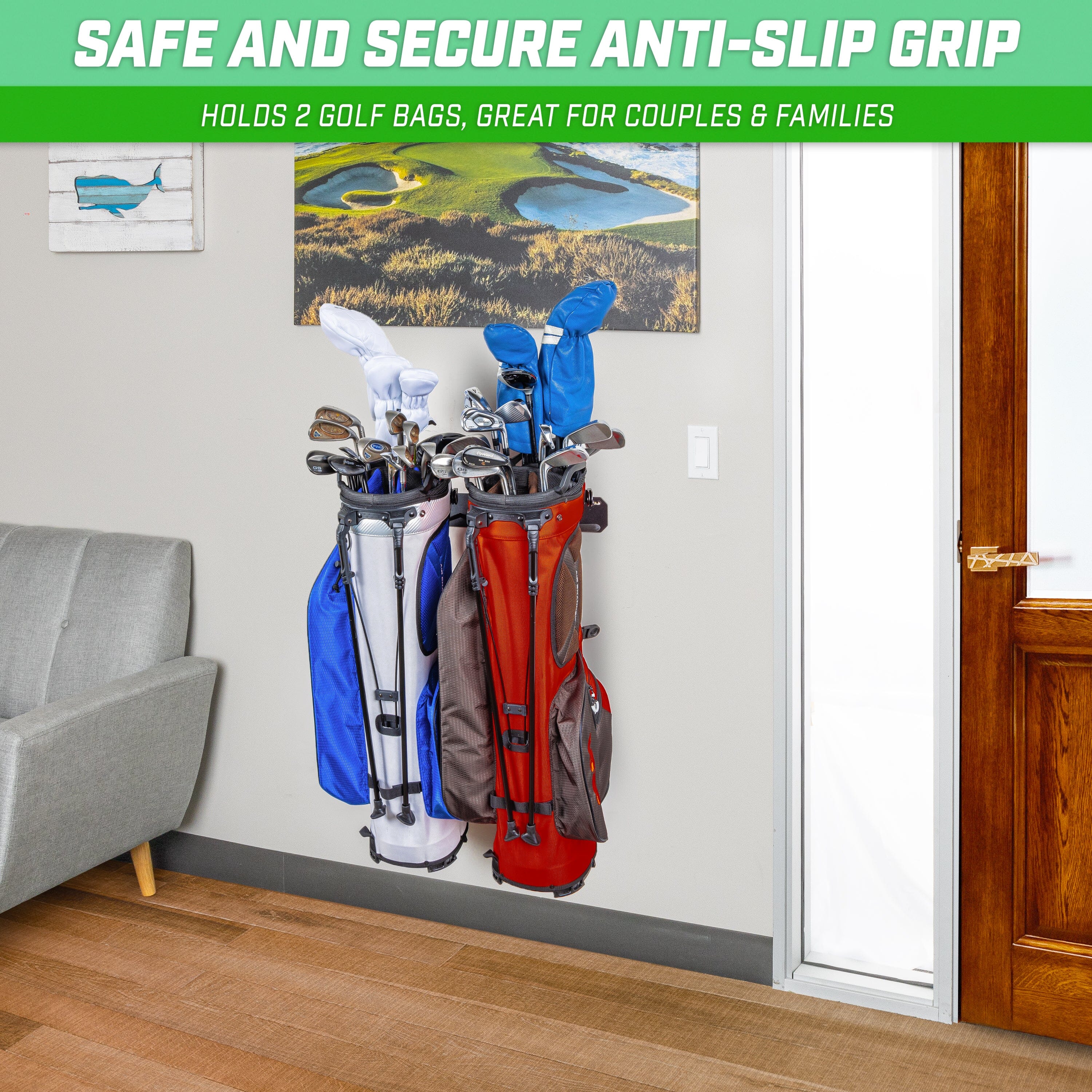 a wall mounted golf bag and golf clubs