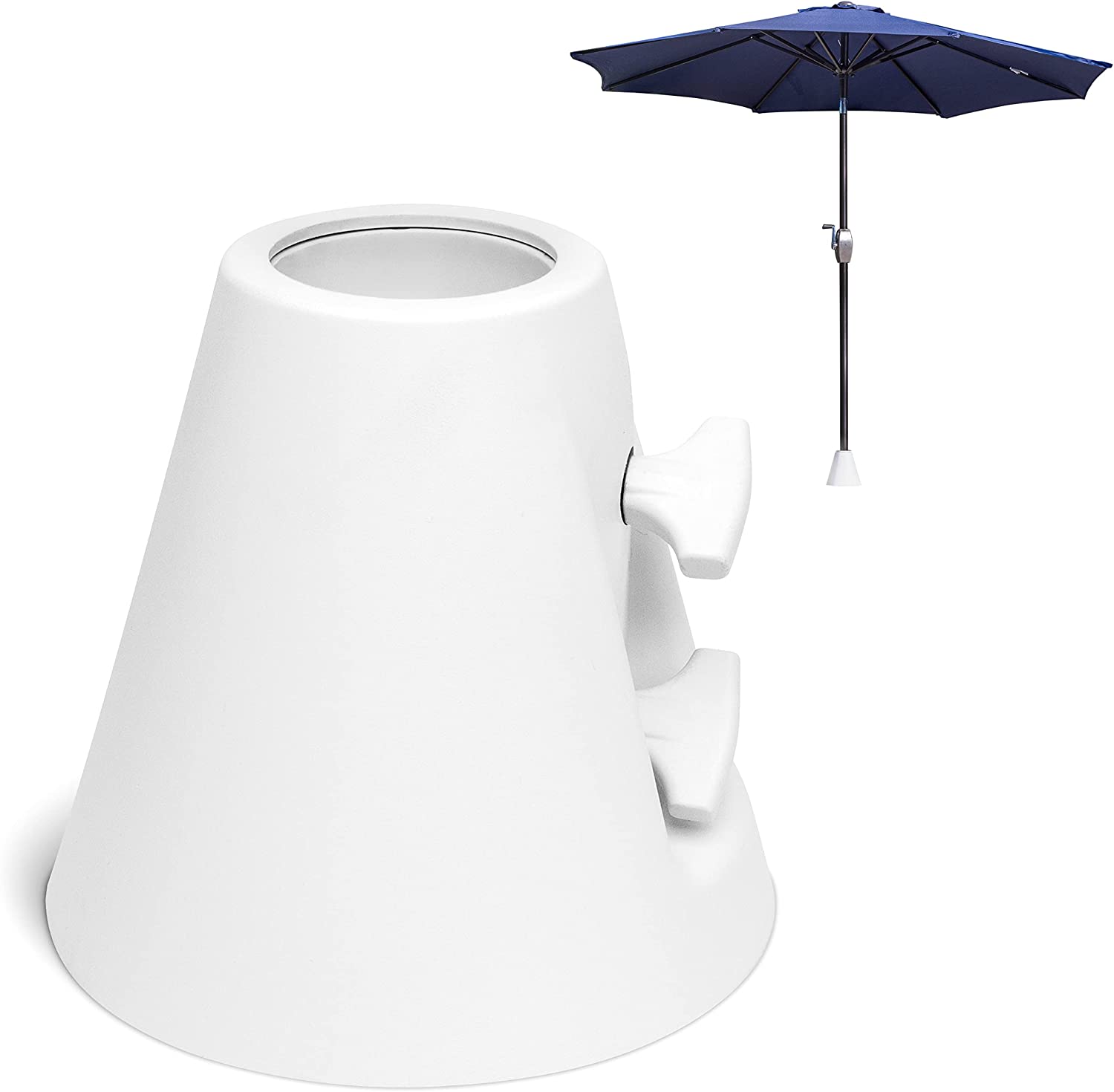 a white table with an umbrella and a blue umbrella