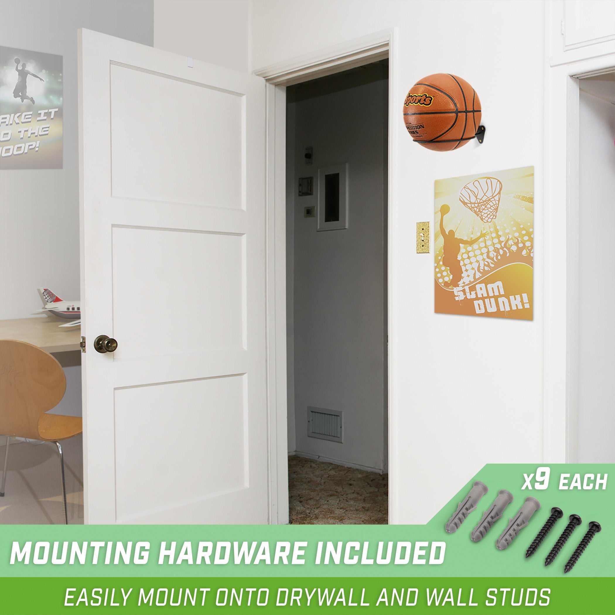 a basketball ball is hanging on the wall