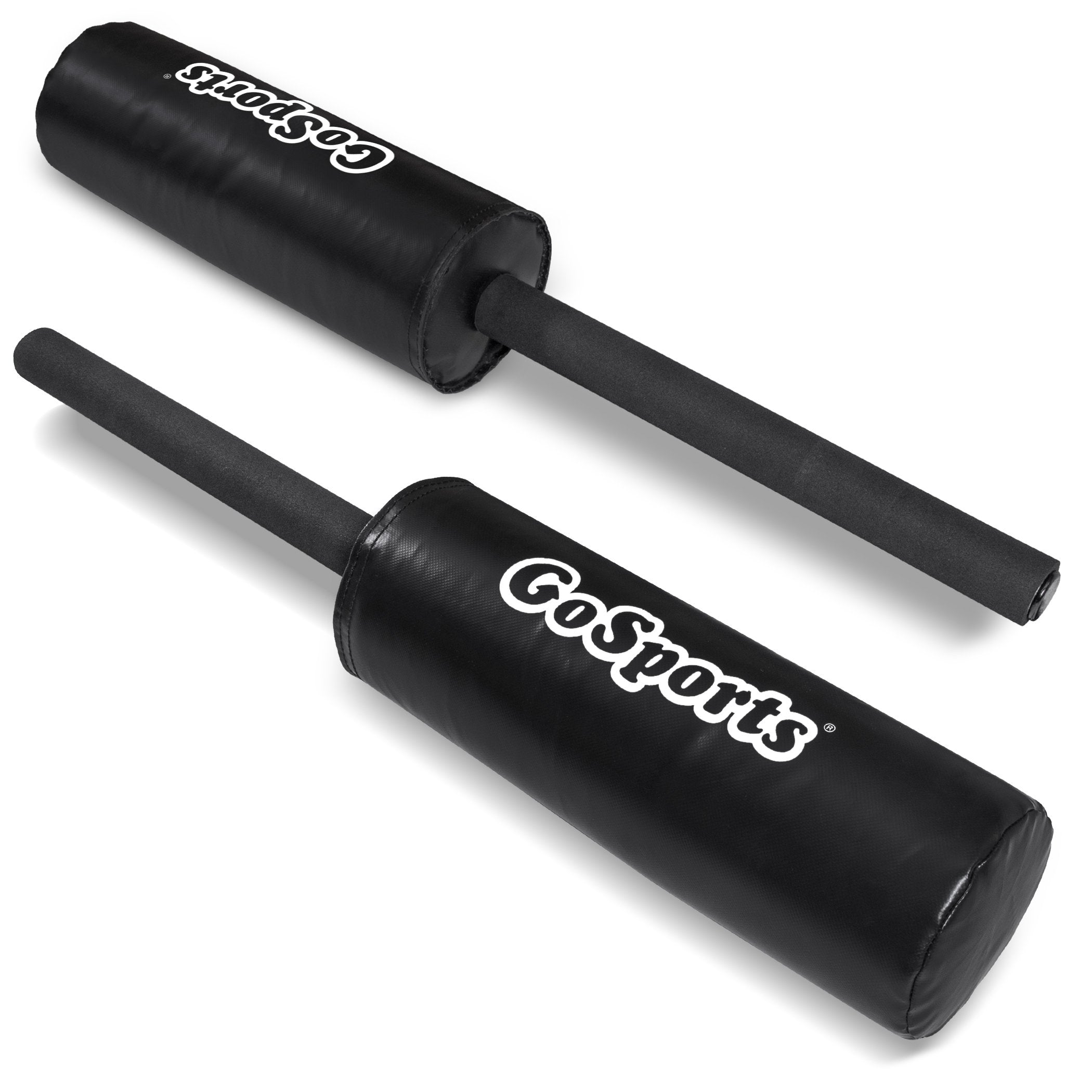 two black grips with white lettering on them