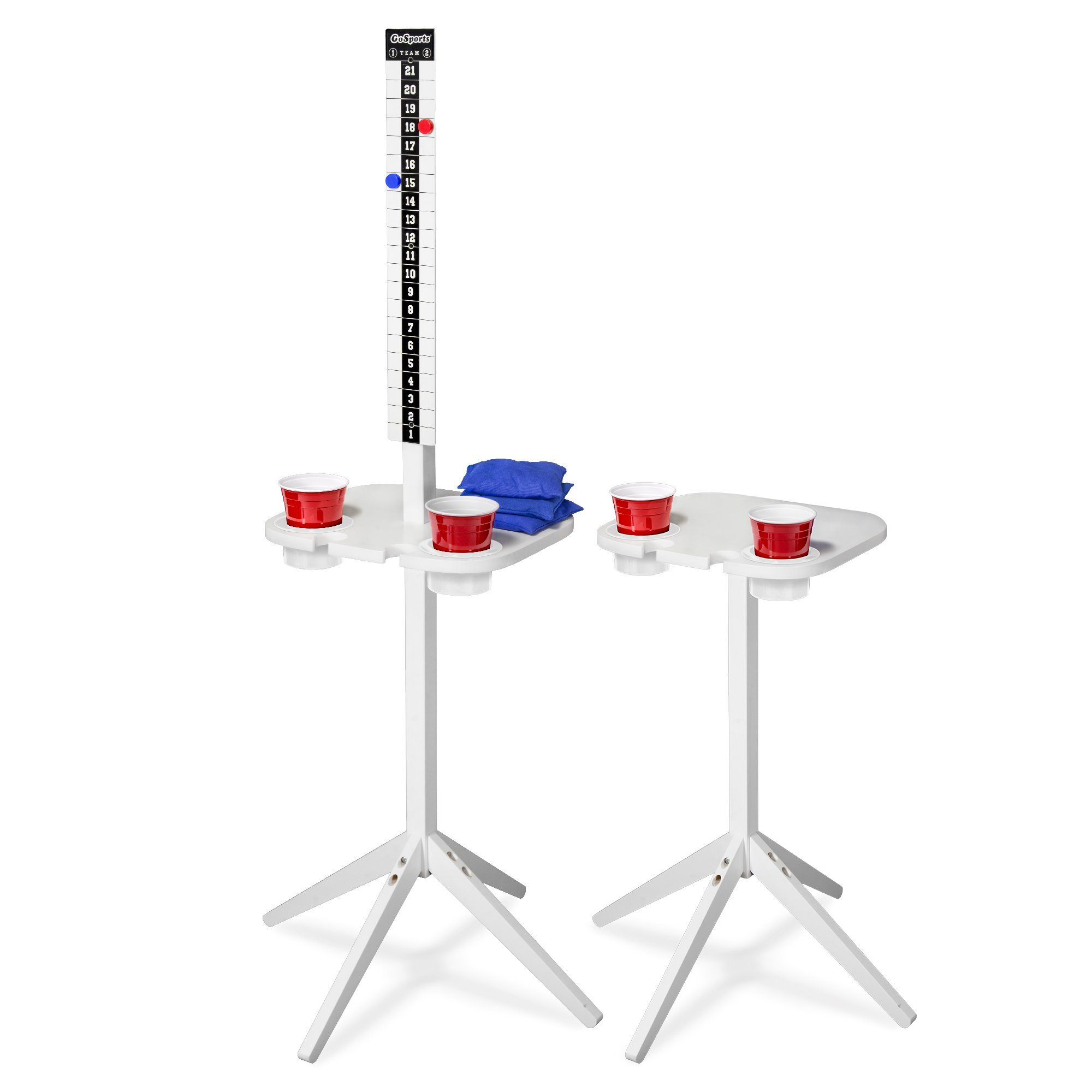 two red and blue cups on a stand