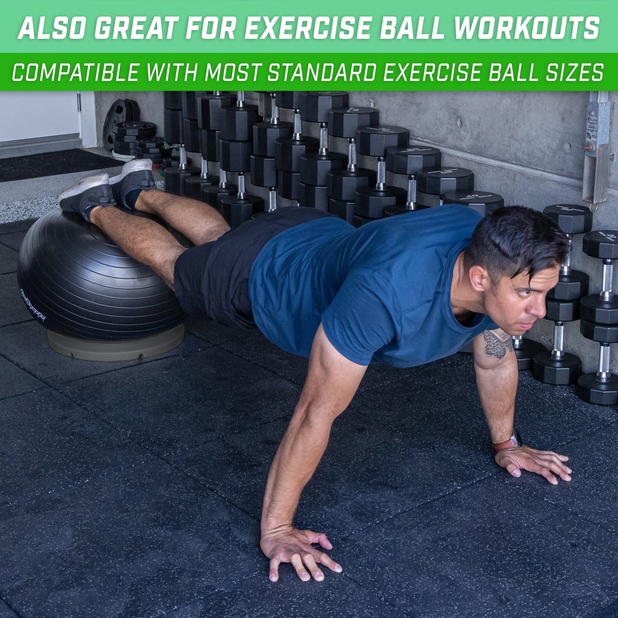 a man doing push ups on a gym ball
