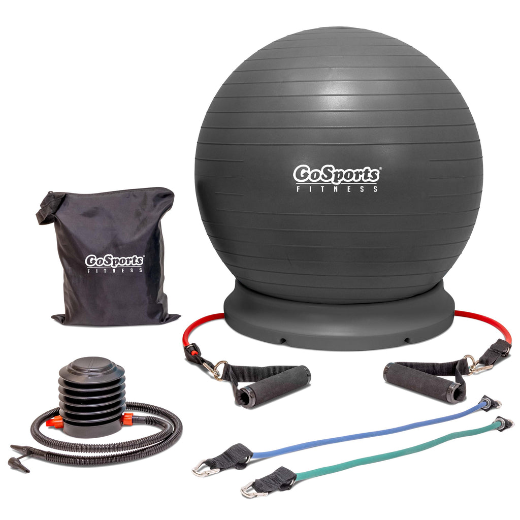 GoSports Hub 360 Fitness Set - Includes Fitness Ball, Ball Base and Resistance Bands - Compatible for Gym, Home or Office Workouts - Charcoal playgosports.com 
