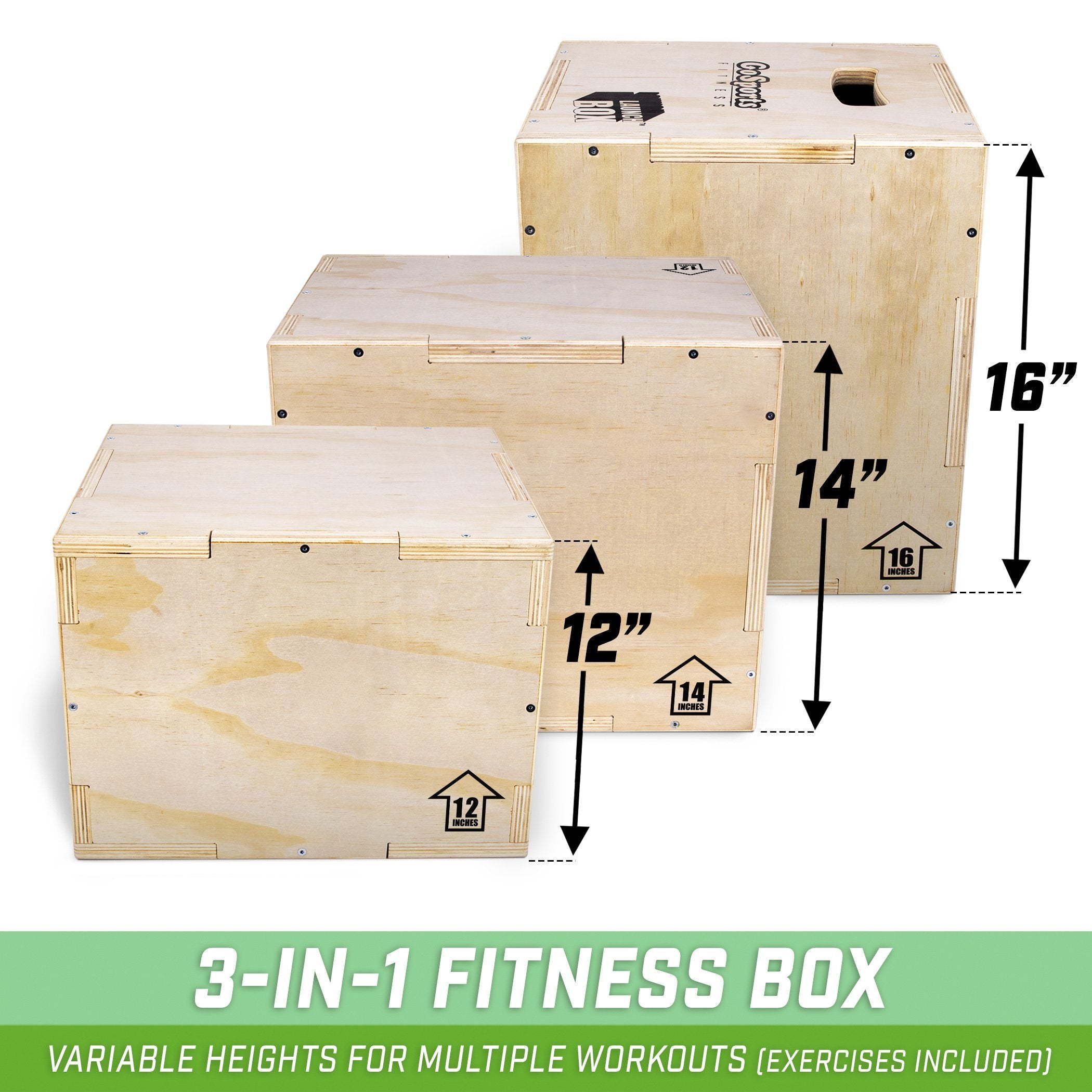 three wooden boxes with measurements for each of them