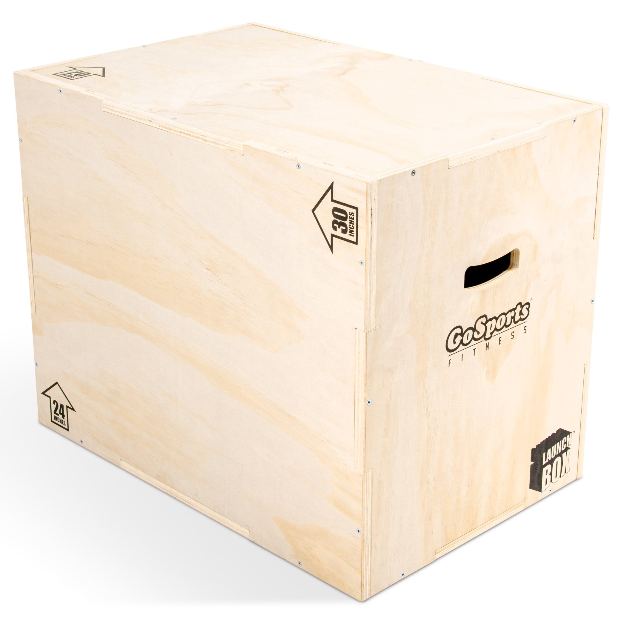 a wooden box with a black logo on it