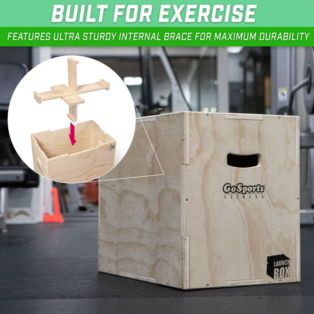 GoSports Fitness Launch Box | 3-in-1 Adjustable Height | Wood Plyo Jump Box for Exercises of All Skill Levels Cornhole playgosports.com 
