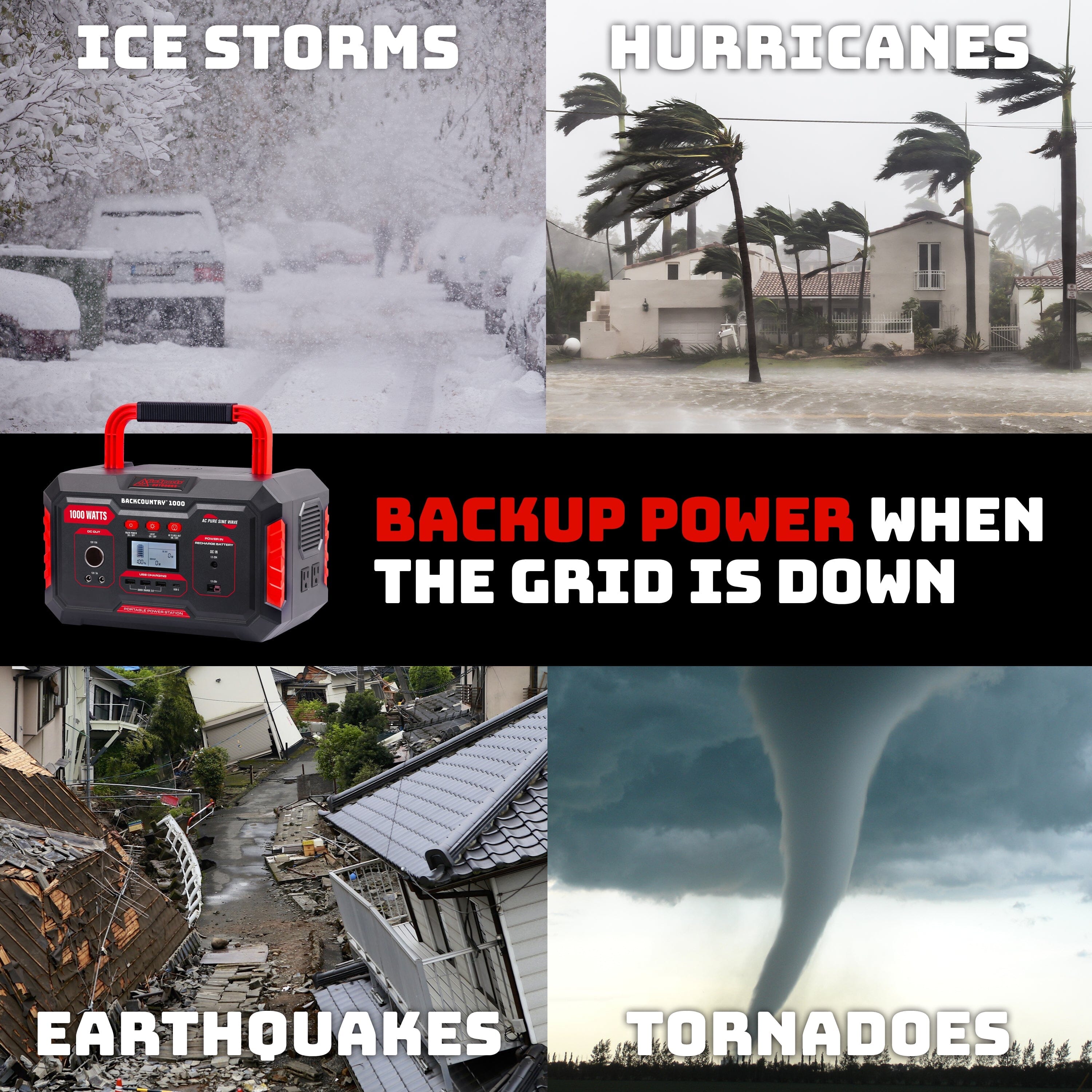 battery backup with pictures of tornados hurricanes words display 'backup power when the grid is down'