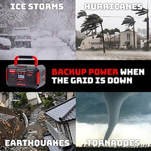 battery backup with pictures of tornados hurricanes words display 'backup power when the grid is down'