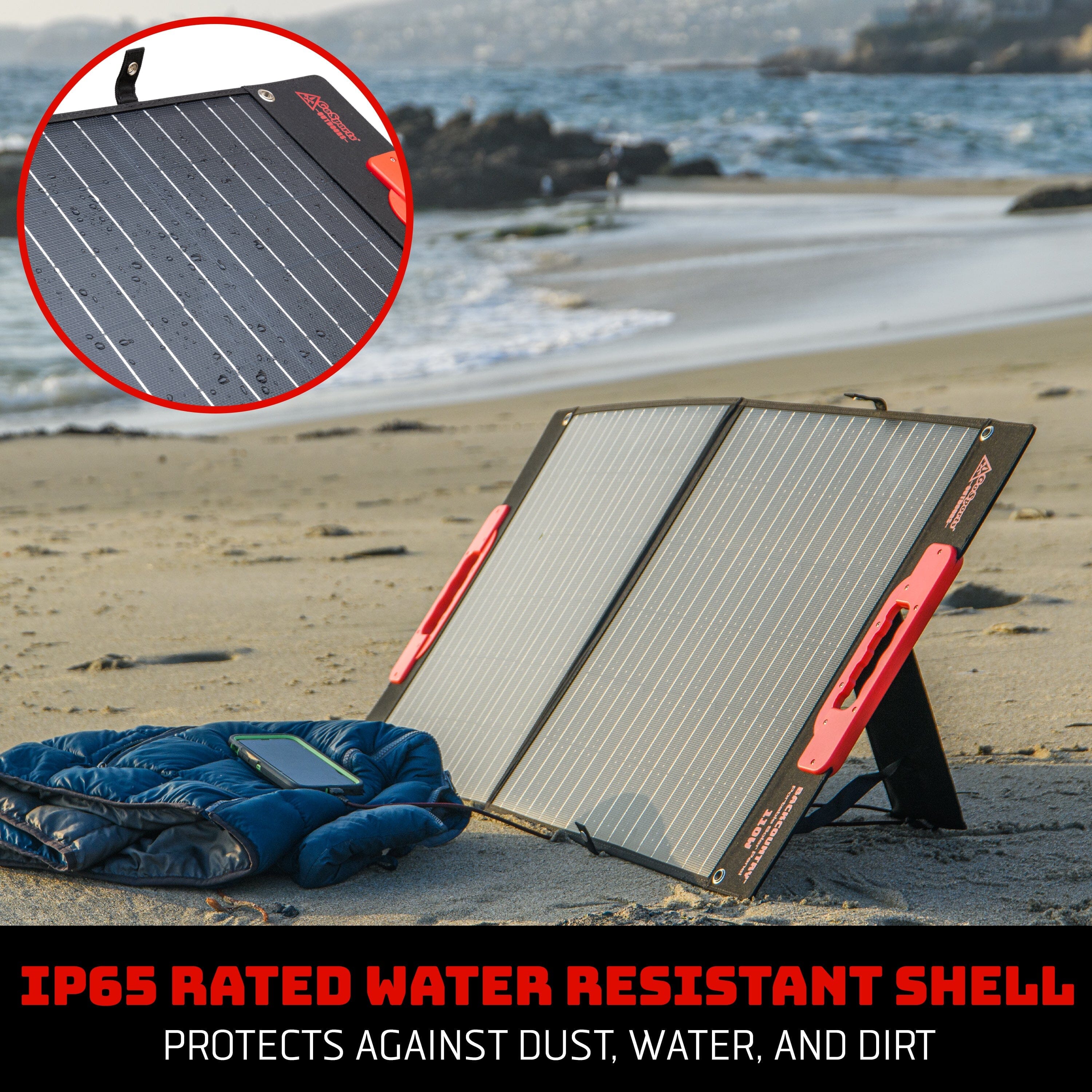 a solar panel laying on the beach next to a jacket words read 'IP65 rated water resistant shell'