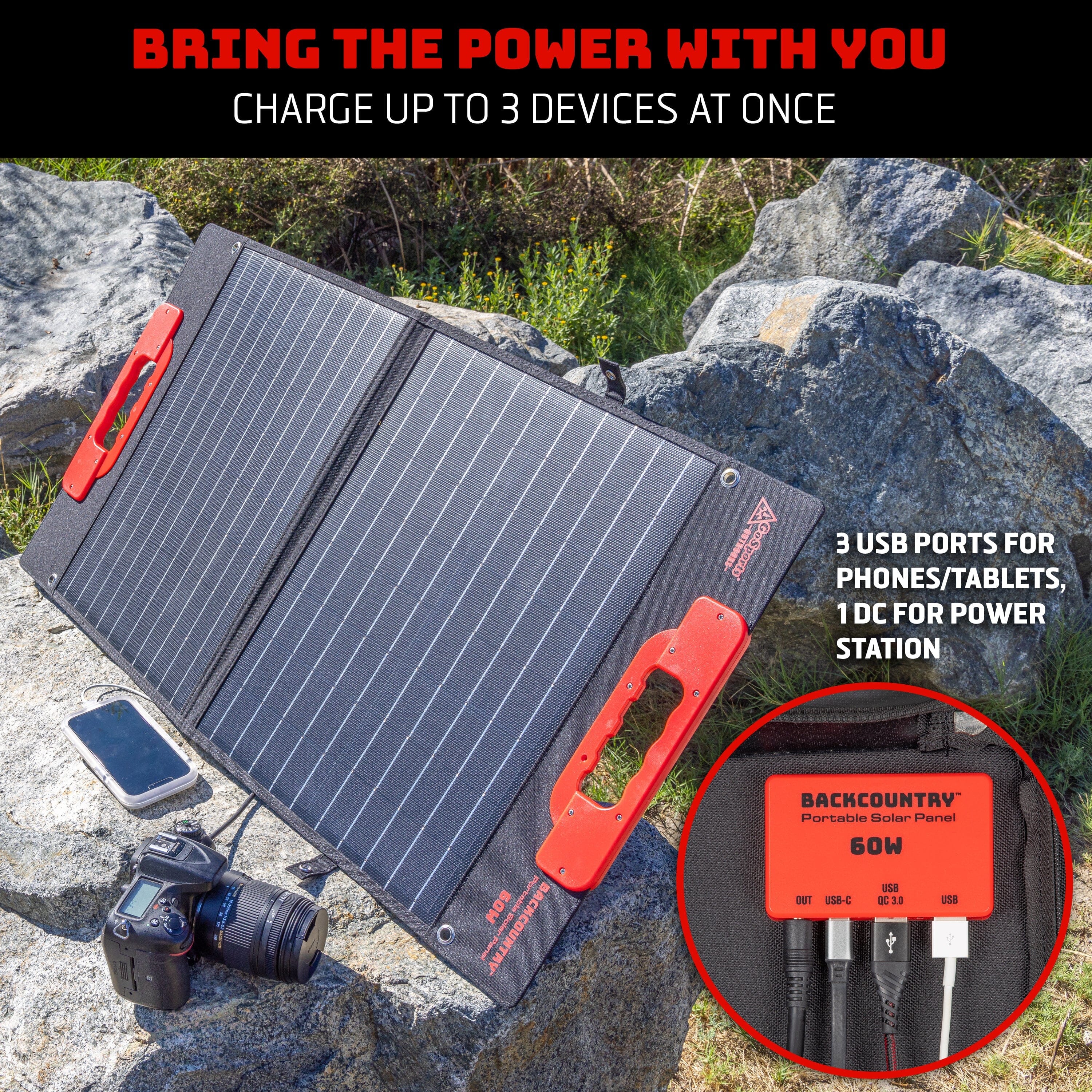 a solar panel with a power cord attached to it words display 'bring the power with you'