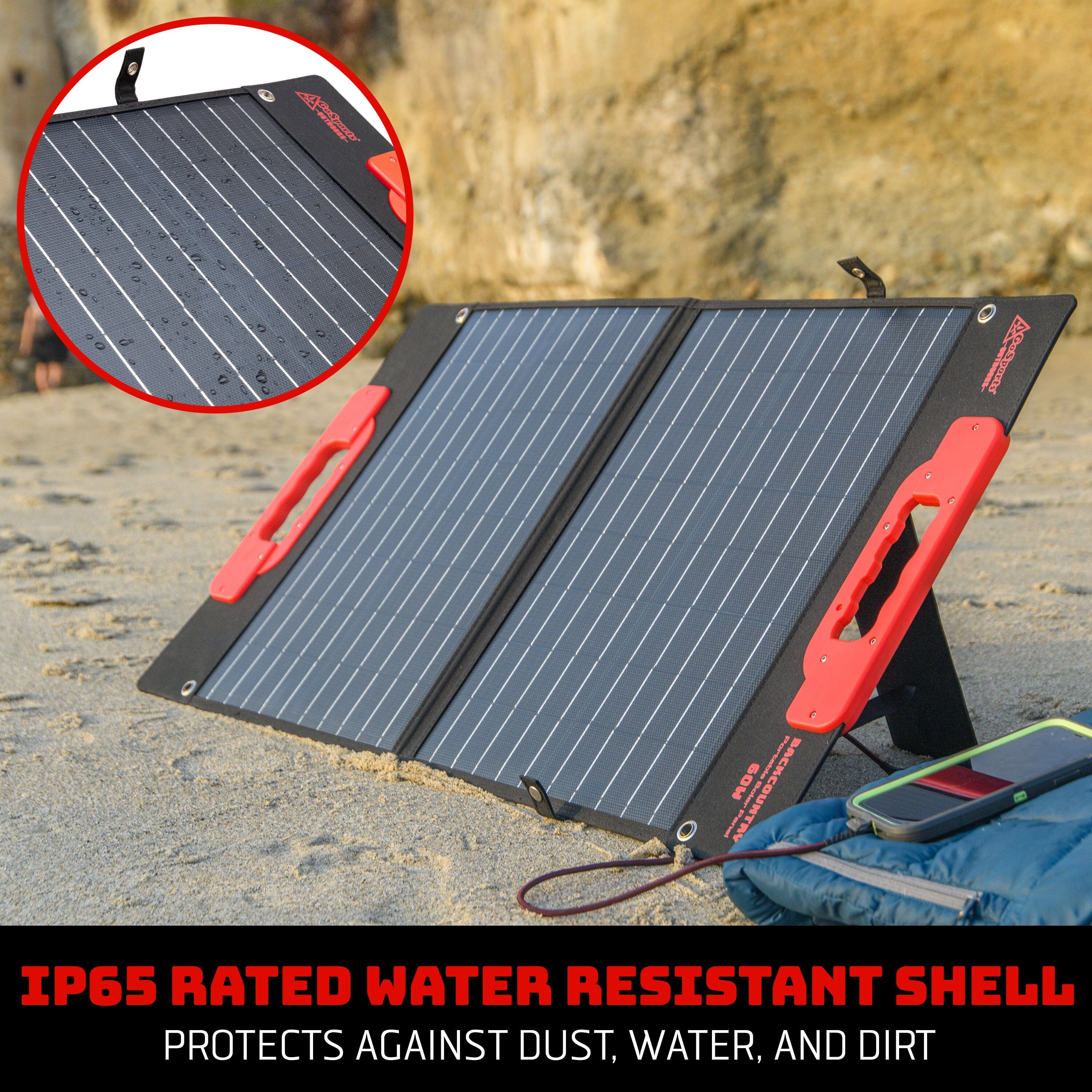 a solar panel with a red power strip and a black power strip words read 'ip65 rated water resistant shell'