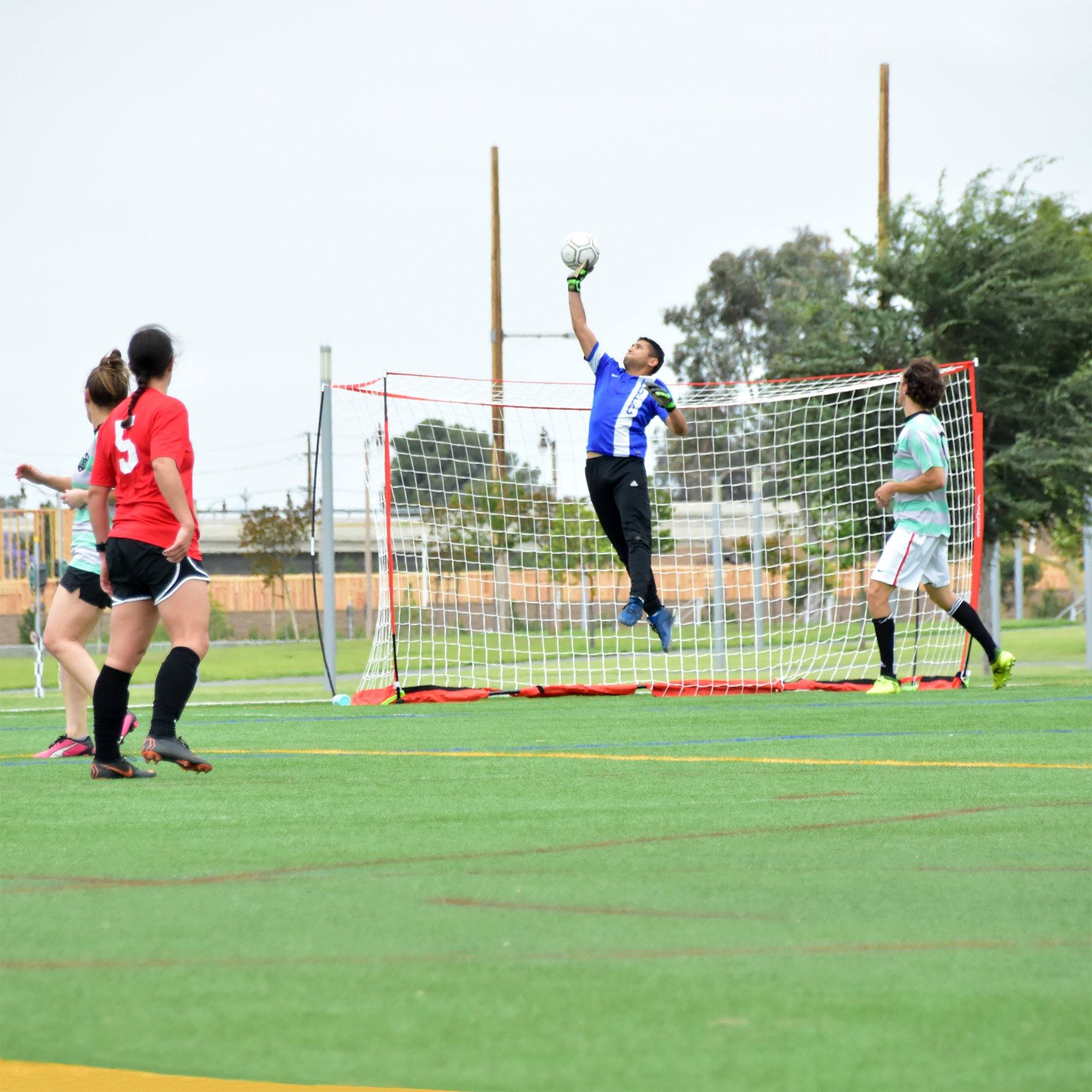 a group of people playing a game of soccer