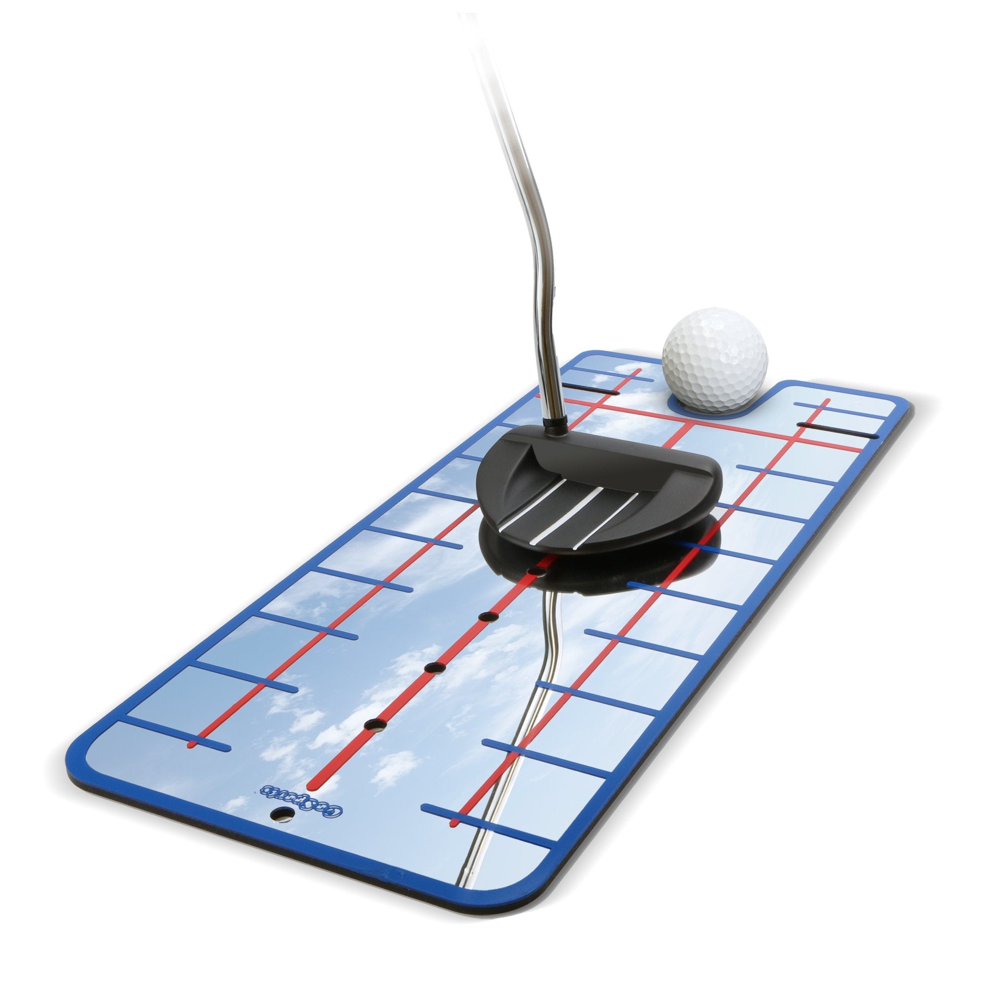 a golf ball and tee on a blue and white golf mat