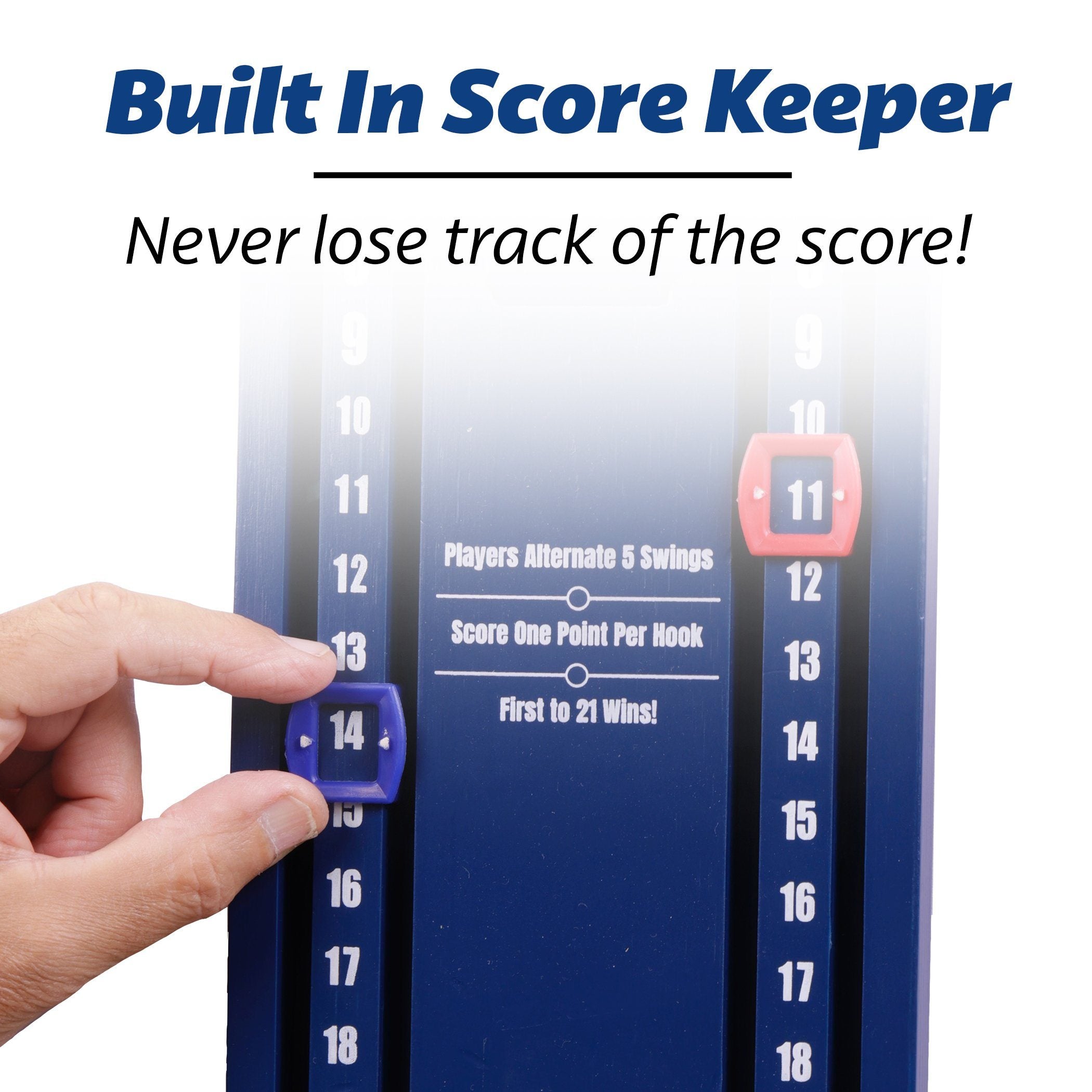 a hand holding a blue and white score board