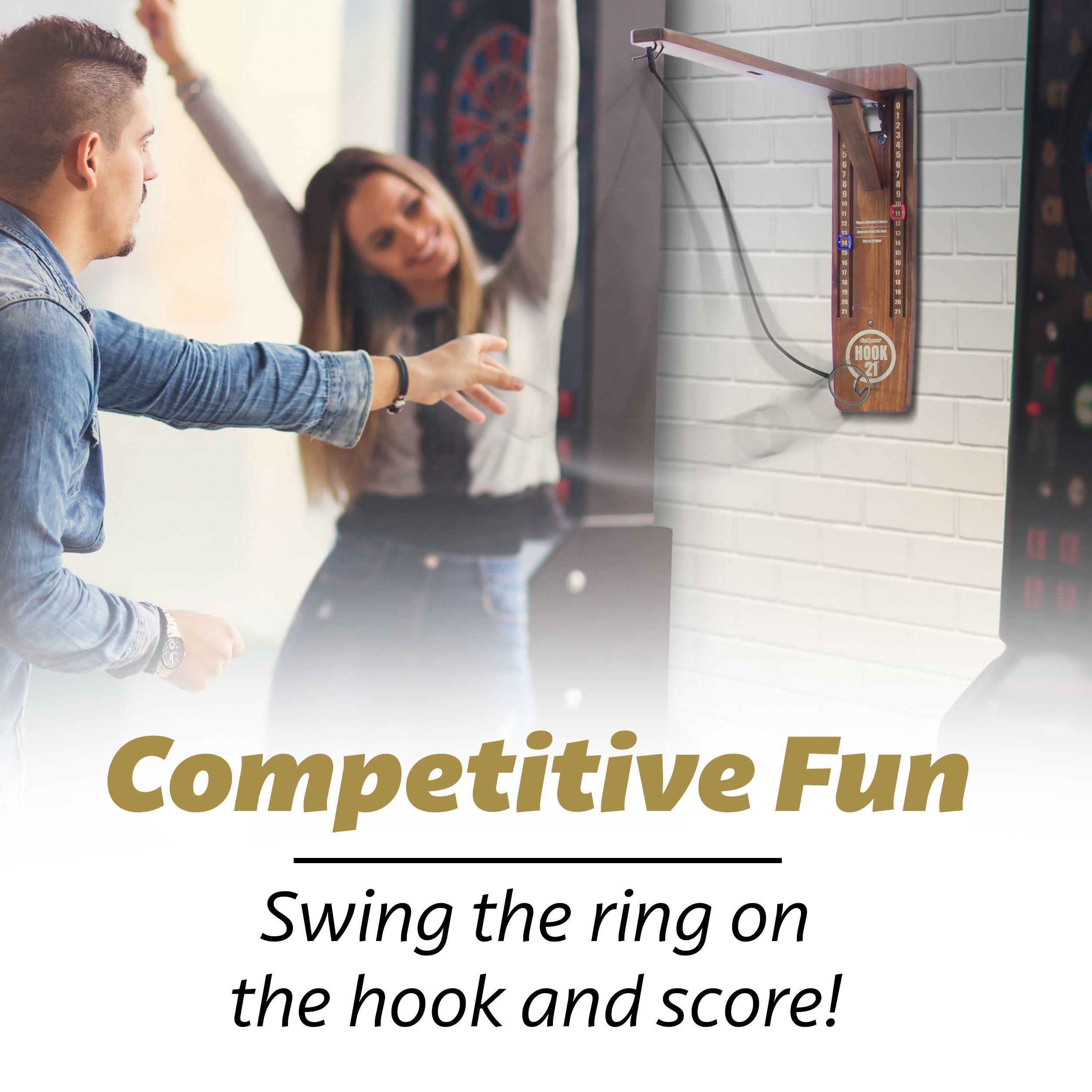 man and woman playing hook ring game word display ' competitive fun wing the ring on the hook and score!'