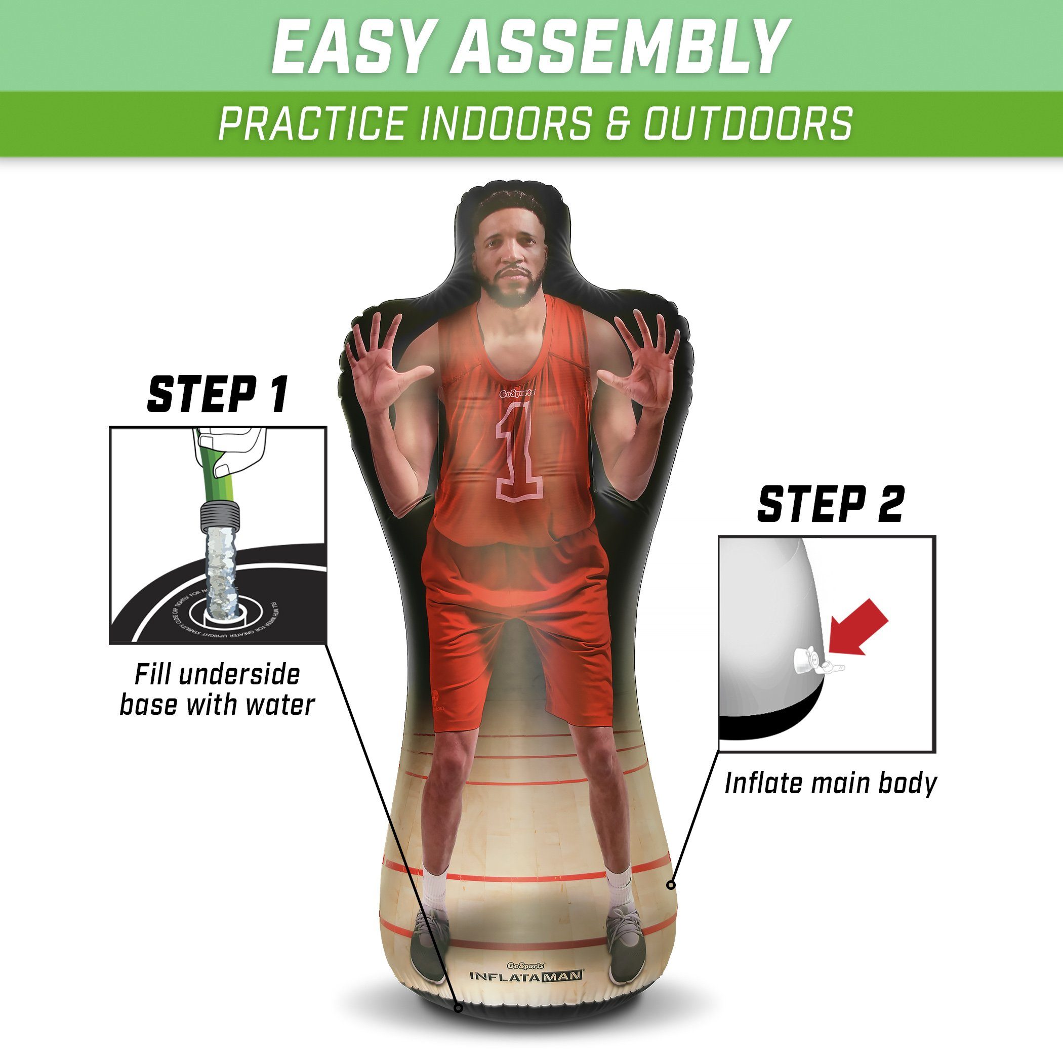 the back of a man in a red shirt and black shorts, with the words easy assembly