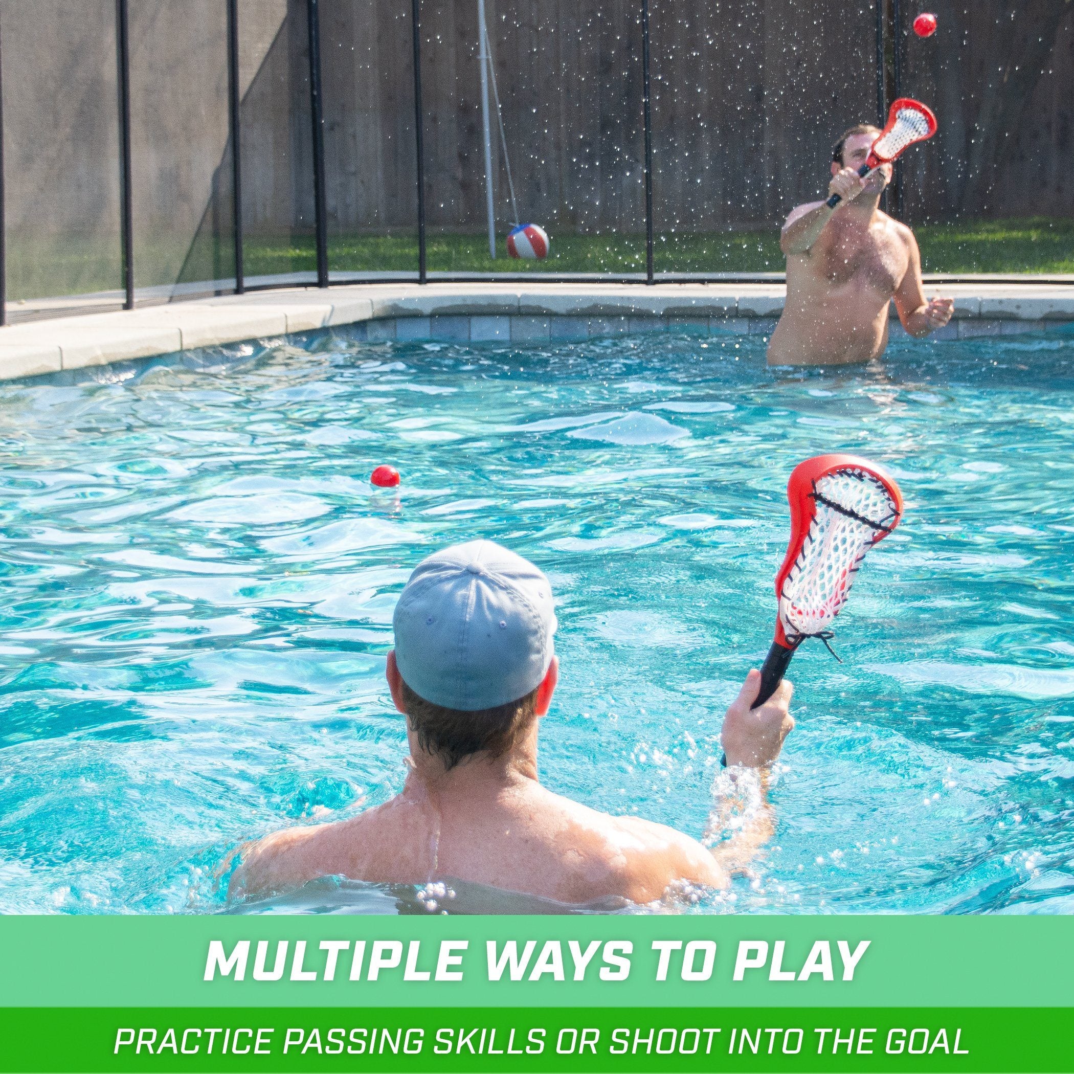 two men playing tennis in a pool with the words multi ways to play