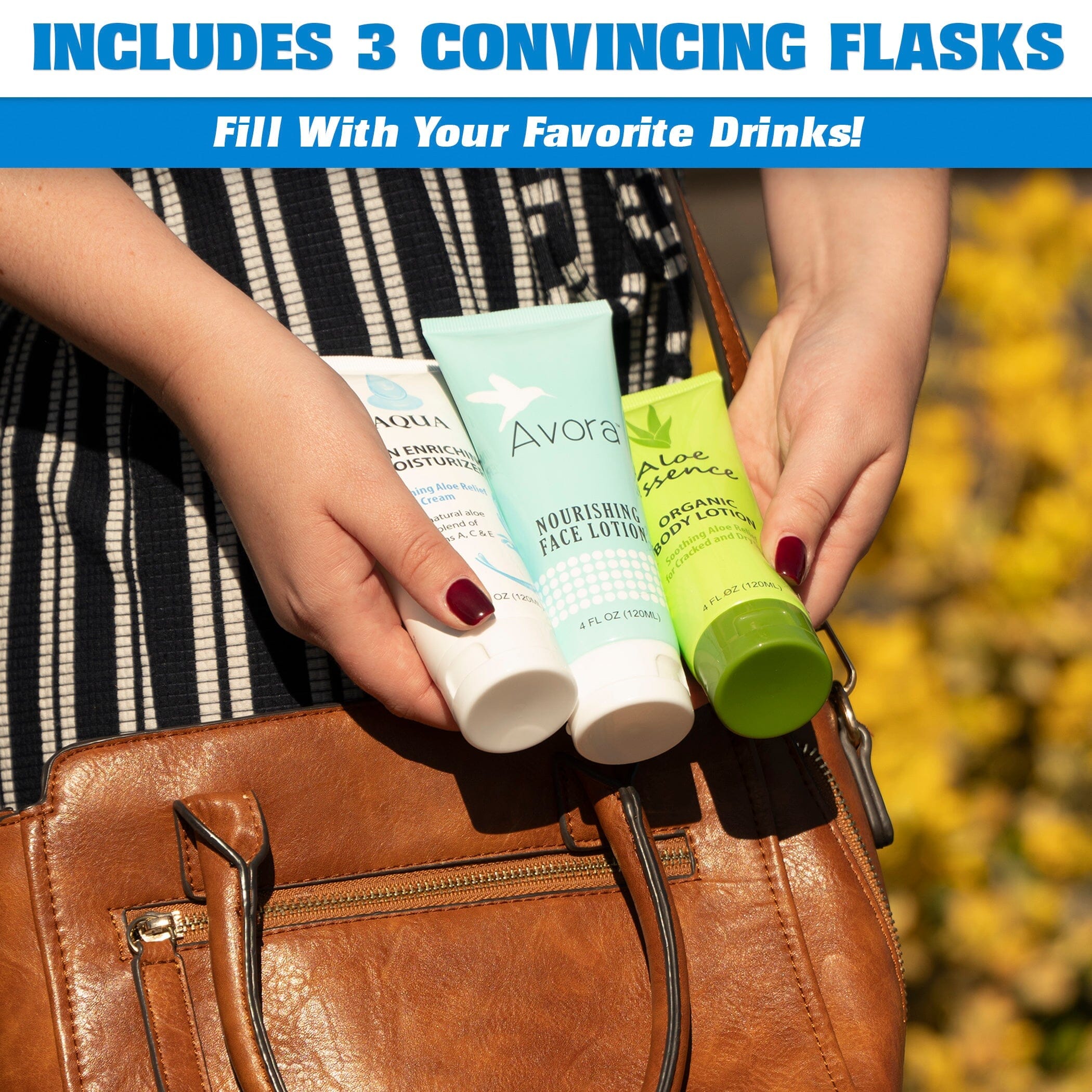 a woman holding a brown purse and a bottle of hand san