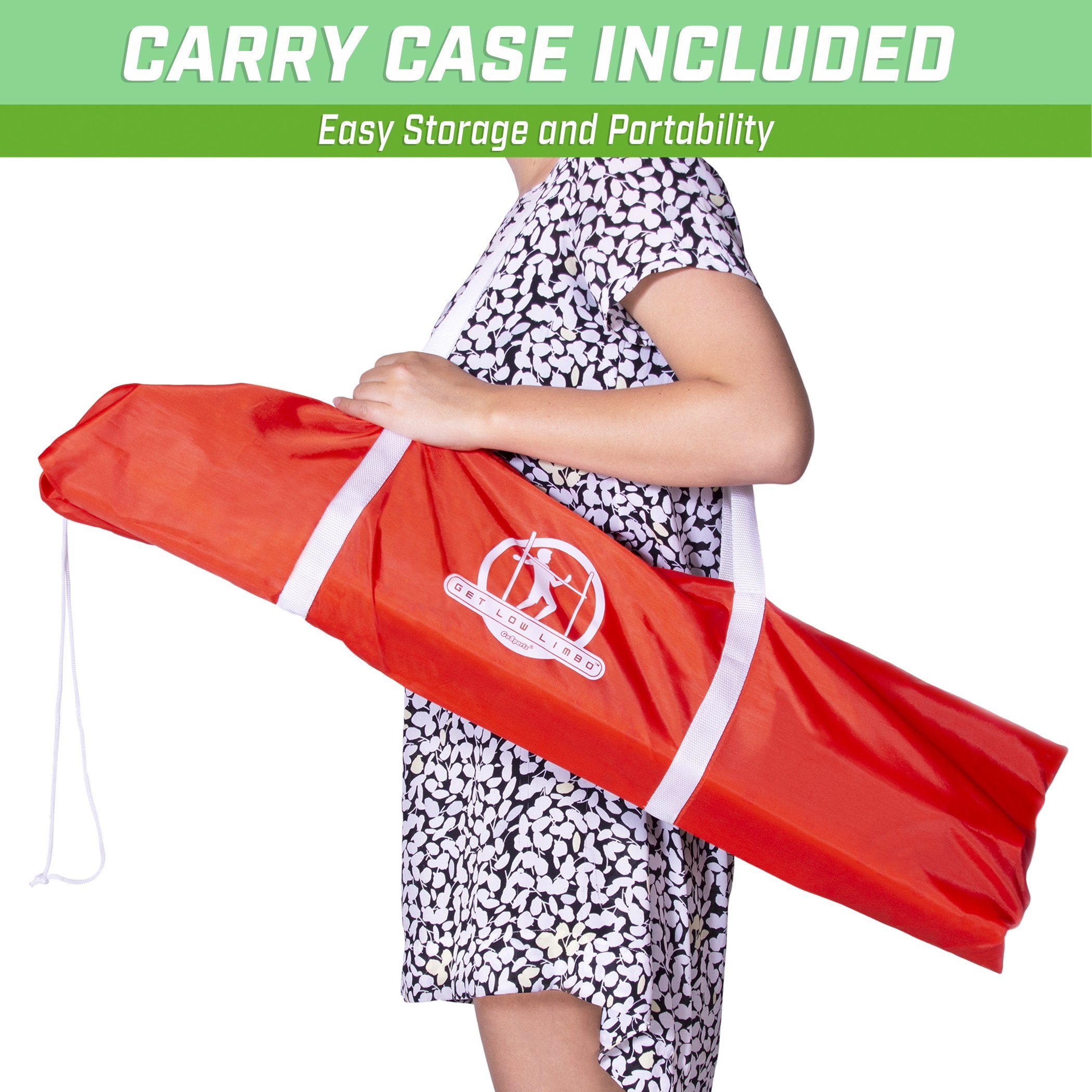 a woman holding a red bag with the words carry included