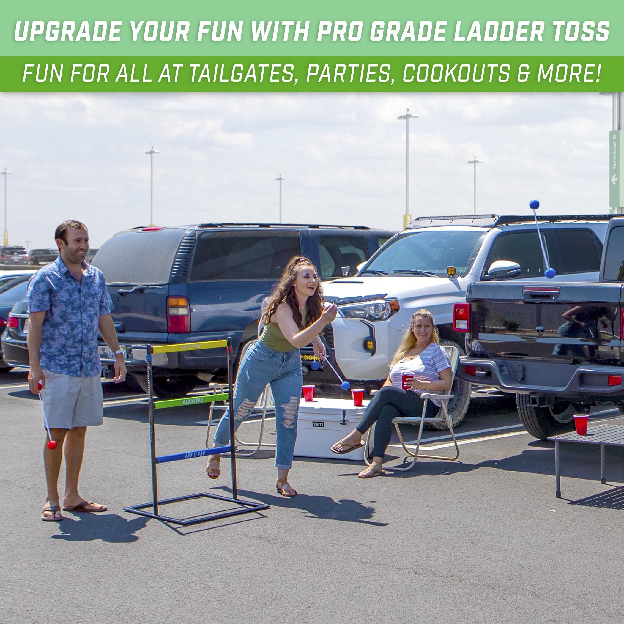 a group of people standing around a parking lot