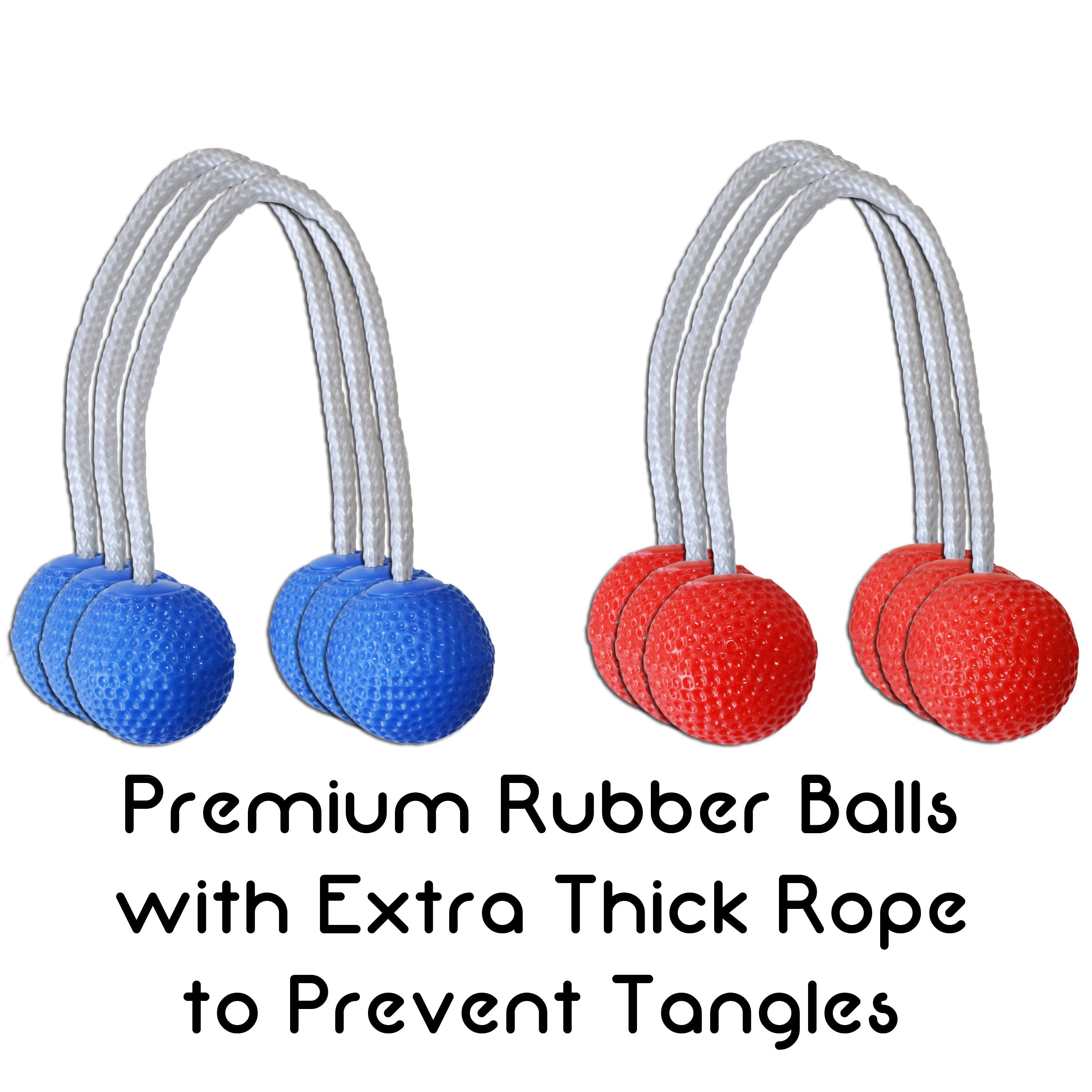 a pair of blue and red rubber balls with a white rope