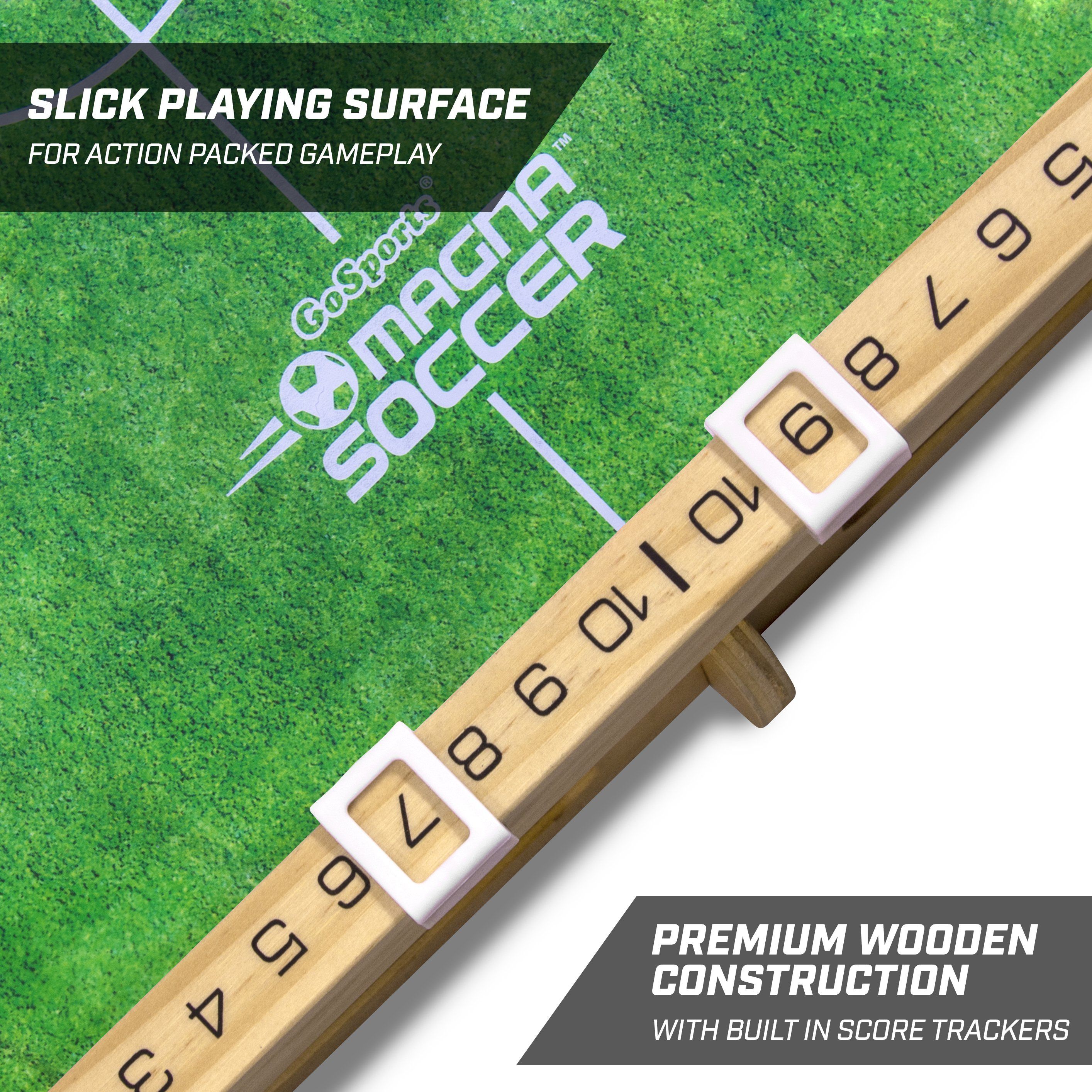 a wooden shuffle board with a green field and white numbers