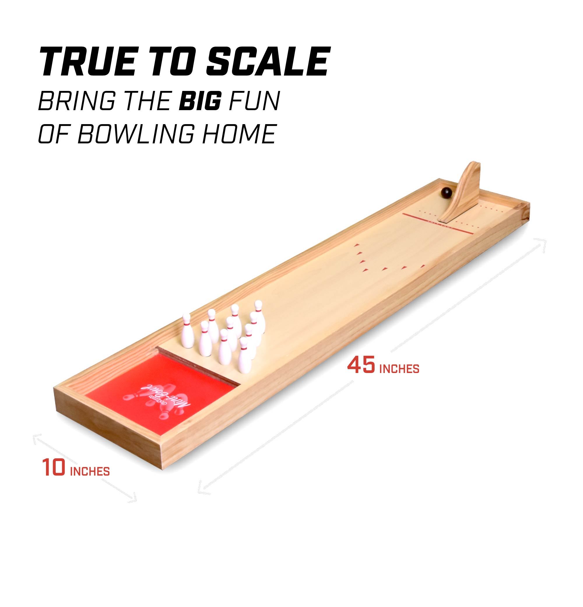 a wooden bowling board with a red ball and a white ball
