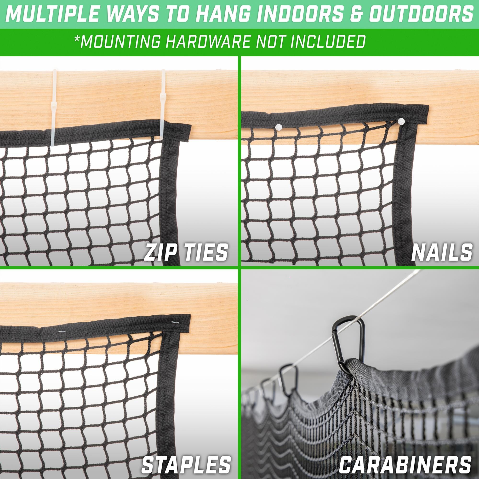 multiple ways to hang net with zip ties, staples, nails, carabiners