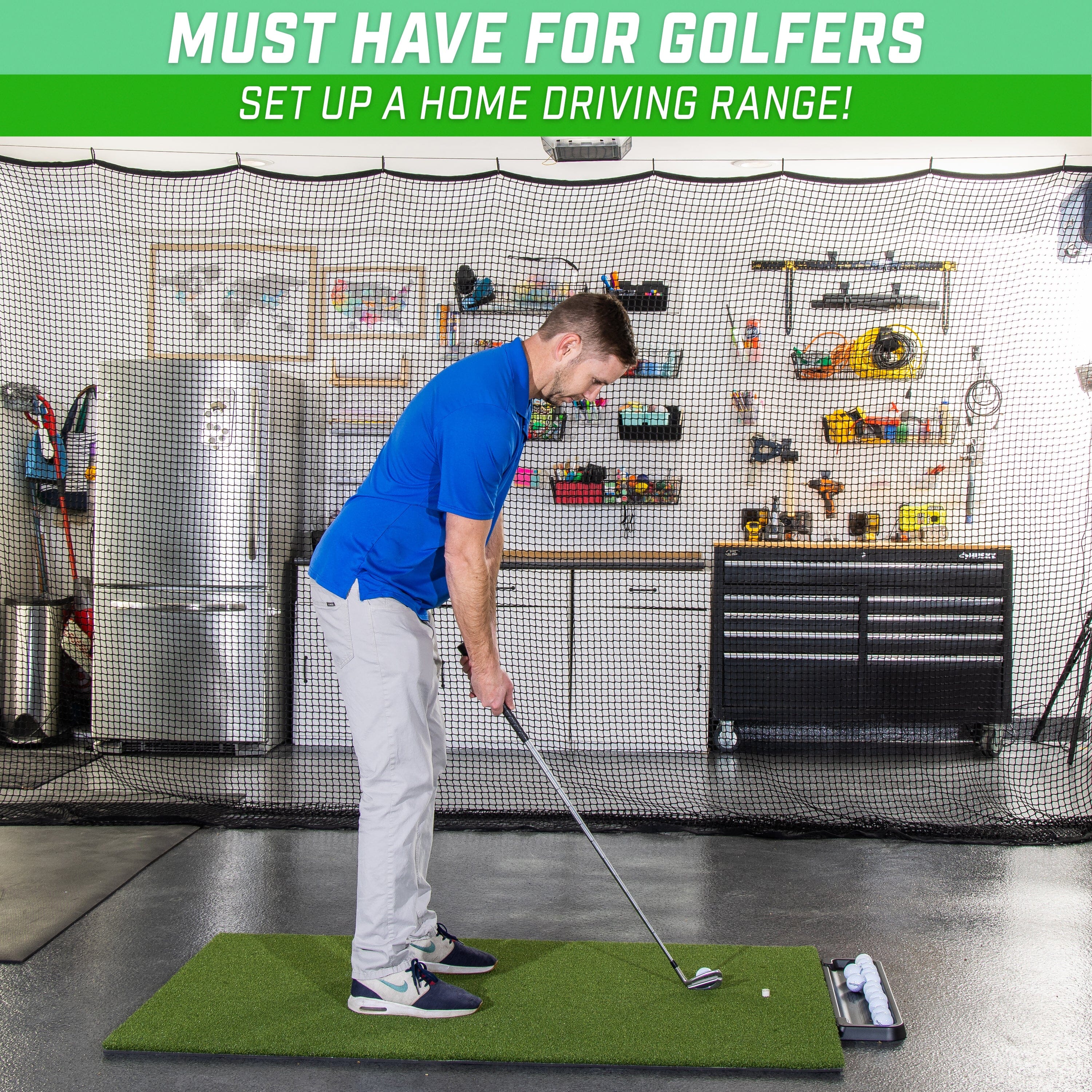 a man is putting a golf ball on a putting mat