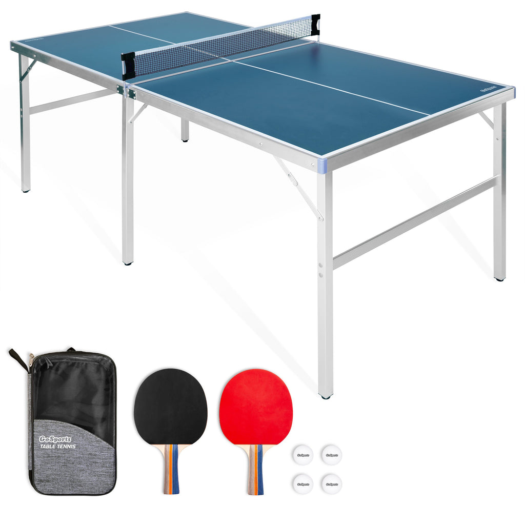 GoSports 6’x3’ Mid-size Table Tennis Game Set - Indoor / Outdoor Portable Table Tennis Game with Net, 2 Table Tennis Paddles and 4 Balls playgosports.com 