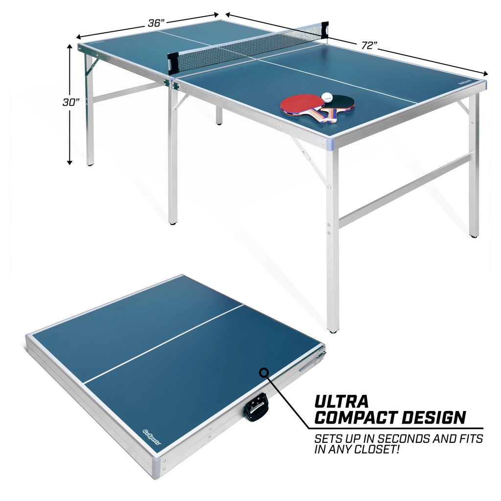 GoSports 6’x3’ Mid-size Table Tennis Game Set - Indoor / Outdoor Portable Table Tennis Game with Net, 2 Table Tennis Paddles and 4 Balls playgosports.com 